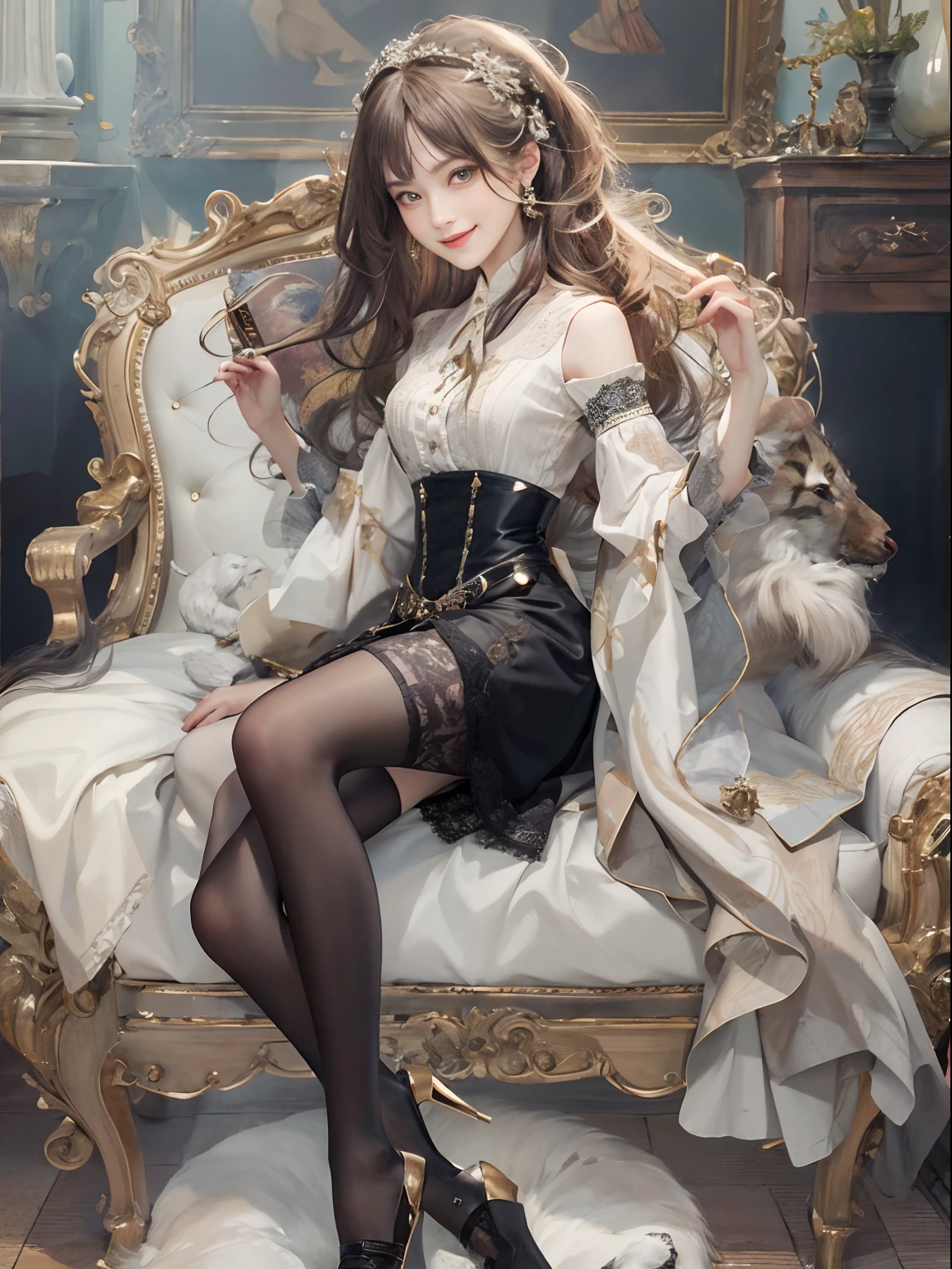 Columbina_(genshin impact), white roses, ornament hair, roses on her hair, maid, maid dress, maid headdress, maid apron, black hair, pink hair, long hair, seat on the throne, chinese home style, Chinese maid dress, white dress, more details on her clothes, golden details, night, smiling, coat, white shoes, white socks on her knees, upper body portrait, 1 girl,