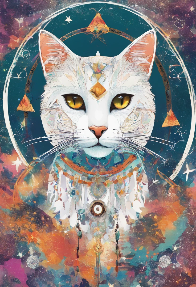 （White cat in the circle of colorful dream catchers），"T-shirt design with circular silhouette of cat face, Crescent, and stars in the