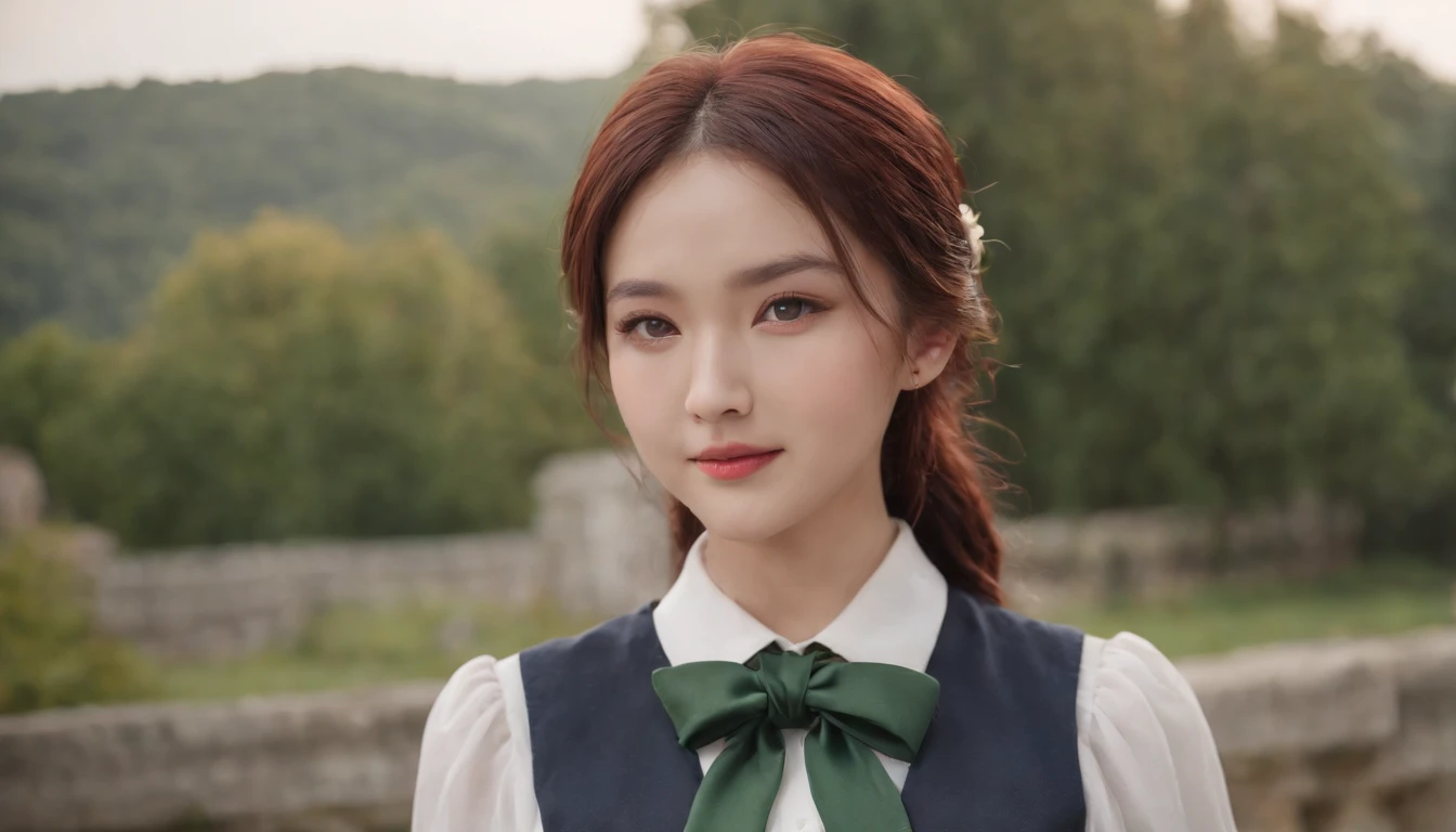 (((a deep reddish wound crosses her left cheek))) fair complexion, woman around 19 years old, natural white hair, distinctive green eyes, wearing kohl, slender and graceful, beautiful, candlelight in a medieval setting, ultra sharp focus, realistic shot, medieval female clothes, tetradic colors (scar:1.4) (8K, Raw photography, top-quality, ​masterpiece:1.2), One Woman、Japan at the age of 18,fullllbody.{scinematic angle、Wide Angle}（Realistic Skins 1.4）、（（（female high-school student、School Uniforms、）））、{{‎Classroom}}（（School Uniforms、Cutter shirt、pleatedskirt、Slippers、））、50mm Lens、30mm film、wide angles、（(half updo)）、（A dark-haired、The forehead is hidden by bangs、）、Black eyes、shinny skin.Beautiful delicate face、Beautiful delicate eyes、｛Voluptuous body shape、Thicker thighs｝、One piercing in each ear、((smile)),((large breasts)), ((navy blue tie)),((standing)) ,looking at camera,((hands folded behind back)),