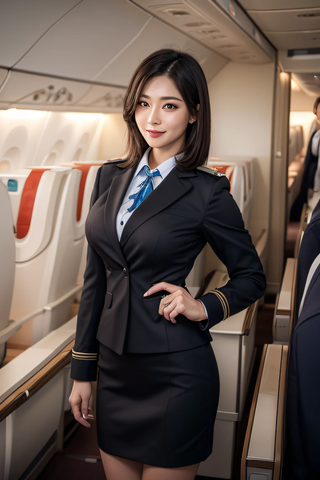 1woman, ((solo)), 40 years old, hyperdetailed face, detailed lips, detailed eyes, double eyelid, (Black bob hair), (Stewardess uniform:1.2), (Glamorous body), (huge breasts), light smile, thighs, (standing), perfect fit, perfect image realism, background with: (in an luxury airplane:1.3), Cowboy Shot, In-depth background, detailed costume, perfect lighting, Hyper-Realism, (Photorealsitic:1.4), 8K maximum resolution, (​masterpiece), highly detailed, professional