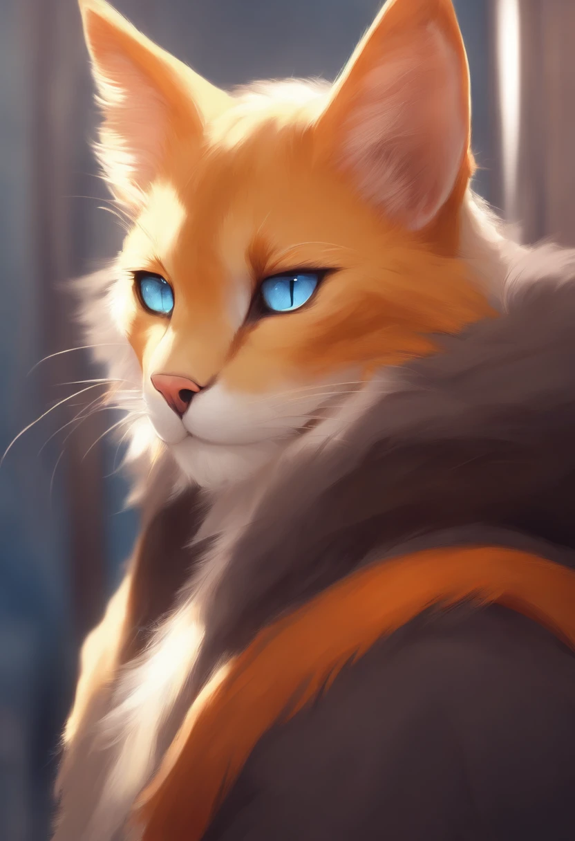 masterpiece,high quality,abstract res,digital painting\(artwork\), by dagasi, yupa,kiyosan,(anthro,fluffy fur,character focus:1.1),anthro male cat,short hair,ortrait , eyes with brightness, in a panoramic view, Character focus.(detailedbackground:0.7), 独奏, shaggy, shaggy male, malefocus, anthr,(Full Body Furry, Fluffy tail, Yellow fur, blue color eyes, Orange hair:1), (long canines)，（inside in room）