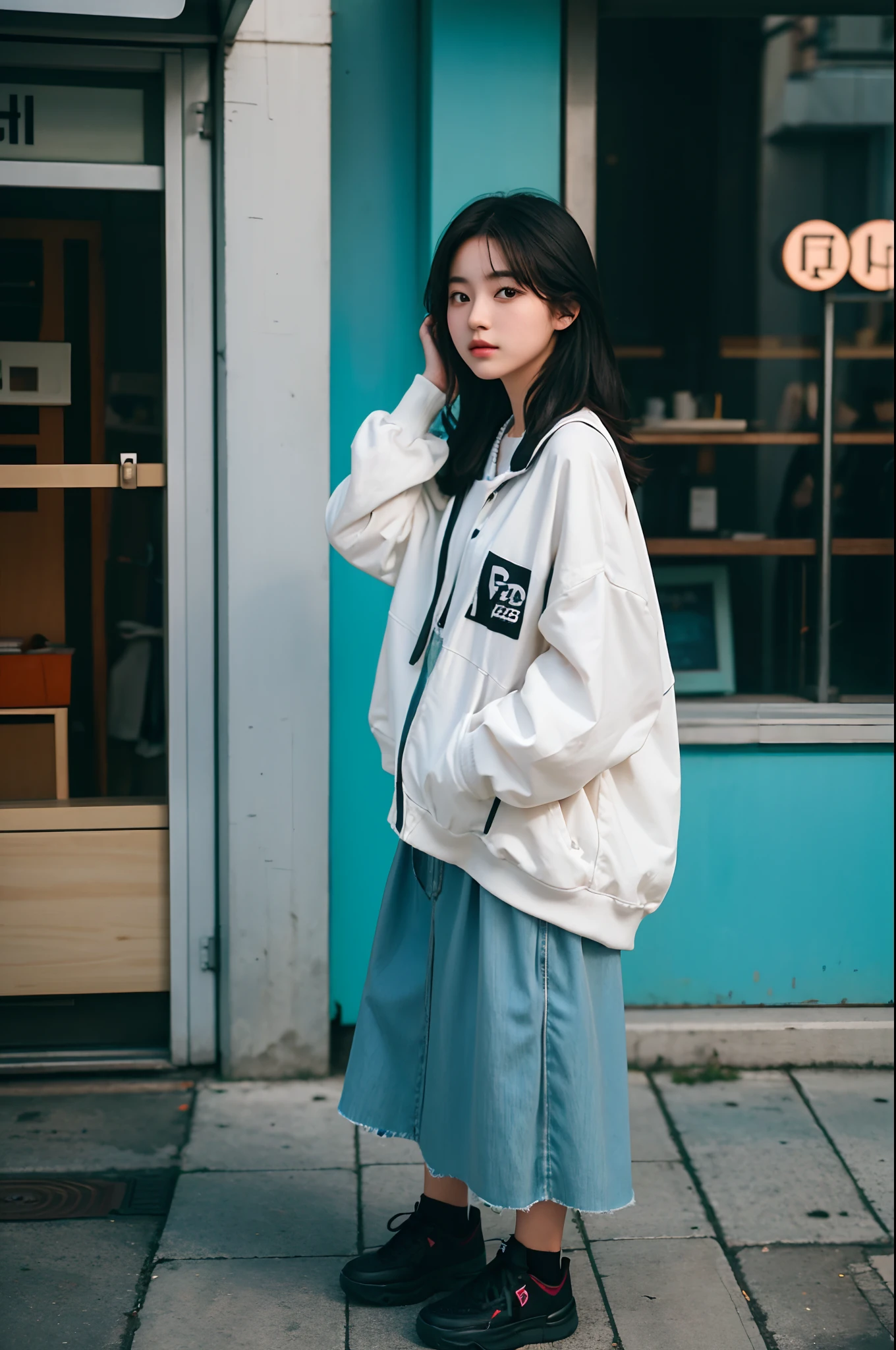 there is a woman that is standing on the sidewalk with her hand on her head, shot on canon eos r5, shot on canon eos r 5, she is wearing streetwear, lofi portrait, taken with canon eos 5 d mark iv, mid shot portrait, portrait of a japanese teen, portrait of female korean idol, anime style mixed with fujifilm