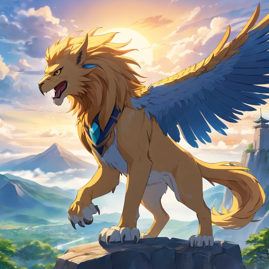 Gryphon, mythological creatures, Majestic, Powerful wings, Lion body, Eagle head, Fierce gaze, Sharp claws, feater, Golden beak, Large size, Flying, Mountains, Cloudy sky, Ancient ruins, Fantasy realm, mythological landscape, Epic, magical, mythological creatures, mythological beasts, Fierce, Mythical monsters