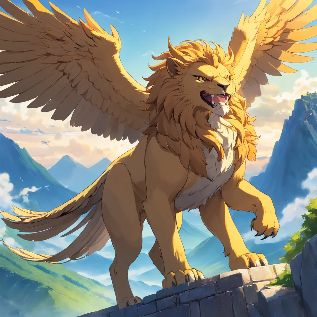 lion griffin, mythical creature, majestic, powerful wings, lion body, eagle head, fierce gaze, sharp claws, feathers, golden beak, large size, flying, mountains, cloudy sky, ancient ruins, fantasy realm, mythical landscape, epic, magical, mythical creature, mythical beast, fierce, mythical monster