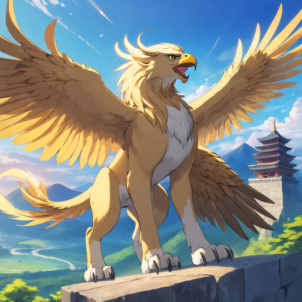 Gryphon, mythological creatures, Majestic, Powerful wings, Lion body, Eagle head, Fierce gaze, Sharp claws, feater, Golden beak, Large size, Flying, Mountains, Cloudy sky, Ancient ruins, Fantasy realm, mythological landscape, Epic, magical, mythological creatures, mythological beasts, Fierce, Mythical monsters