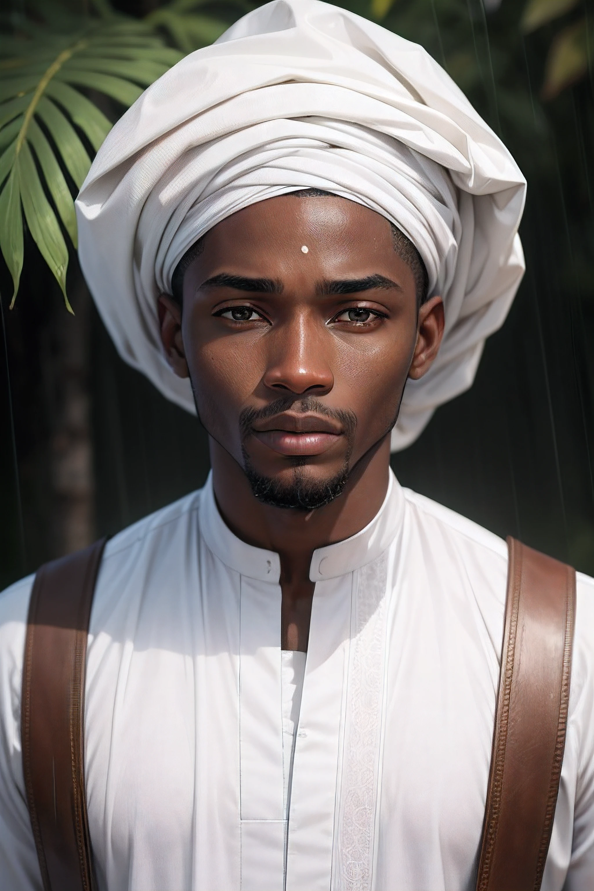 Portrait of a Nigerian man wearing white shirt, facial symmetry, striking features, outside rainy weather, tack, sharp, rainy weather, nature, fine-art photography, vibrant colors, highly detailed, 180mm f/1.8, national geographic photograph