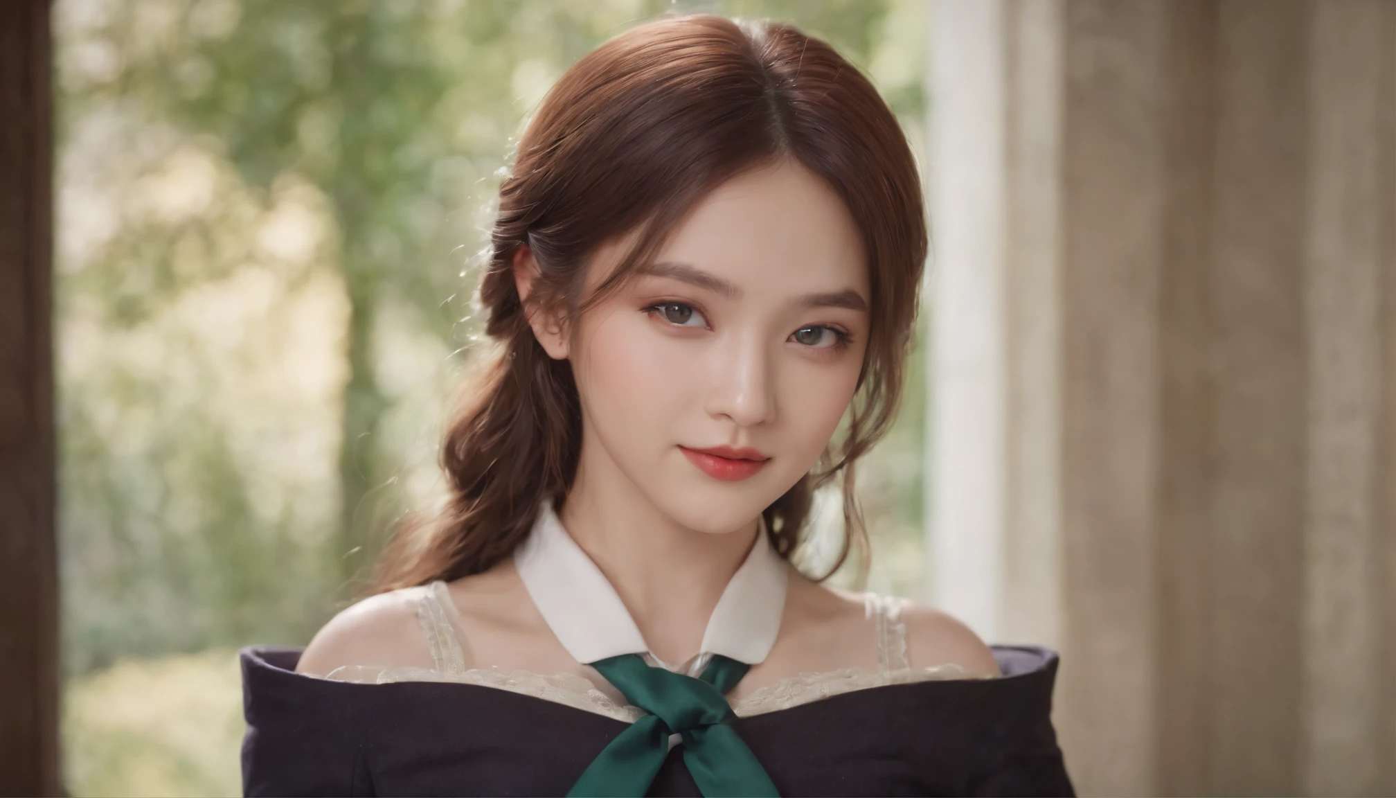 (((a deep reddish wound crosses her left cheek))) fair complexion, woman around 19 years old, natural white hair, distinctive green eyes, wearing kohl, slender and graceful, beautiful, candlelight in a medieval setting, ultra sharp focus, realistic shot, medieval female clothes, tetradic colors (scar:1.4) (8K, Raw photography, top-quality, masterpiece:1.2), One Woman、Japan at the age of 18,fullllbody.{scinematic angle、Wide Angle}(Realistic Skins 1.4)、(((female high-school student、School Uniforms、)))、{{Classroom}}((School Uniforms、Cutter shirt、pleatedskirt、Slippers、))、50mm Lens、30mm film、wide angles、((half updo))、(A dark-haired、The forehead is hidden by bangs、)、Black eyes、shinny skin.Beautiful delicate face、Beautiful delicate eyes、{Voluptuous body shape、Thicker thighs}、One piercing in each ear、((smile)),((large breasts)), ((navy blue tie)),((standing)) ,looking at camera,((hands folded behind back)),