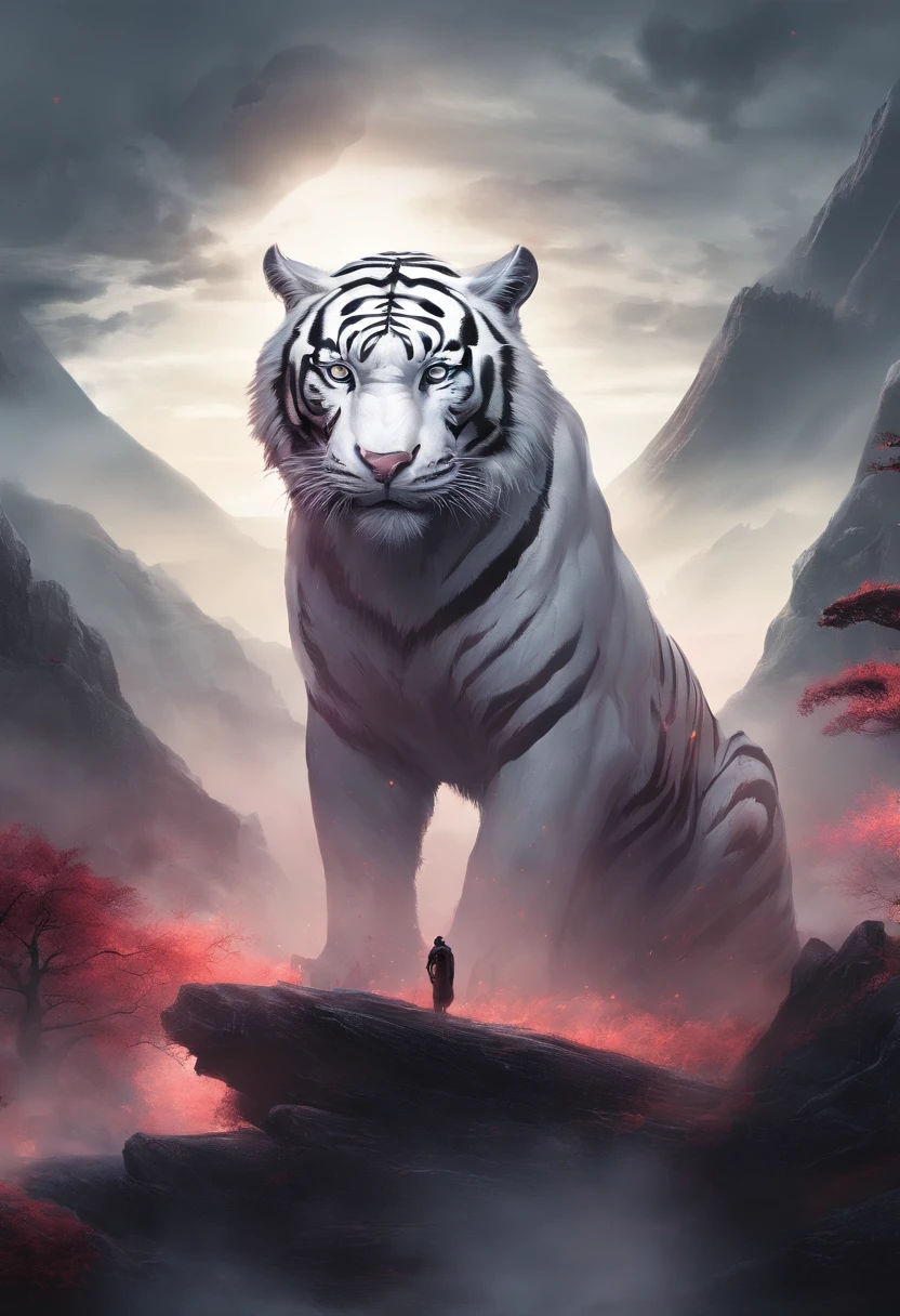 China-style,Chinese mythology,the white tiger,tosen,Ferocious,gargantuan,The eyes glow red,Glow effects,High hills,Cloud fog,the night,中景 the scene is,Full body like, highly detailed surreal vfx,oc rendered, - AR 16:9 --q 2 --s 1000