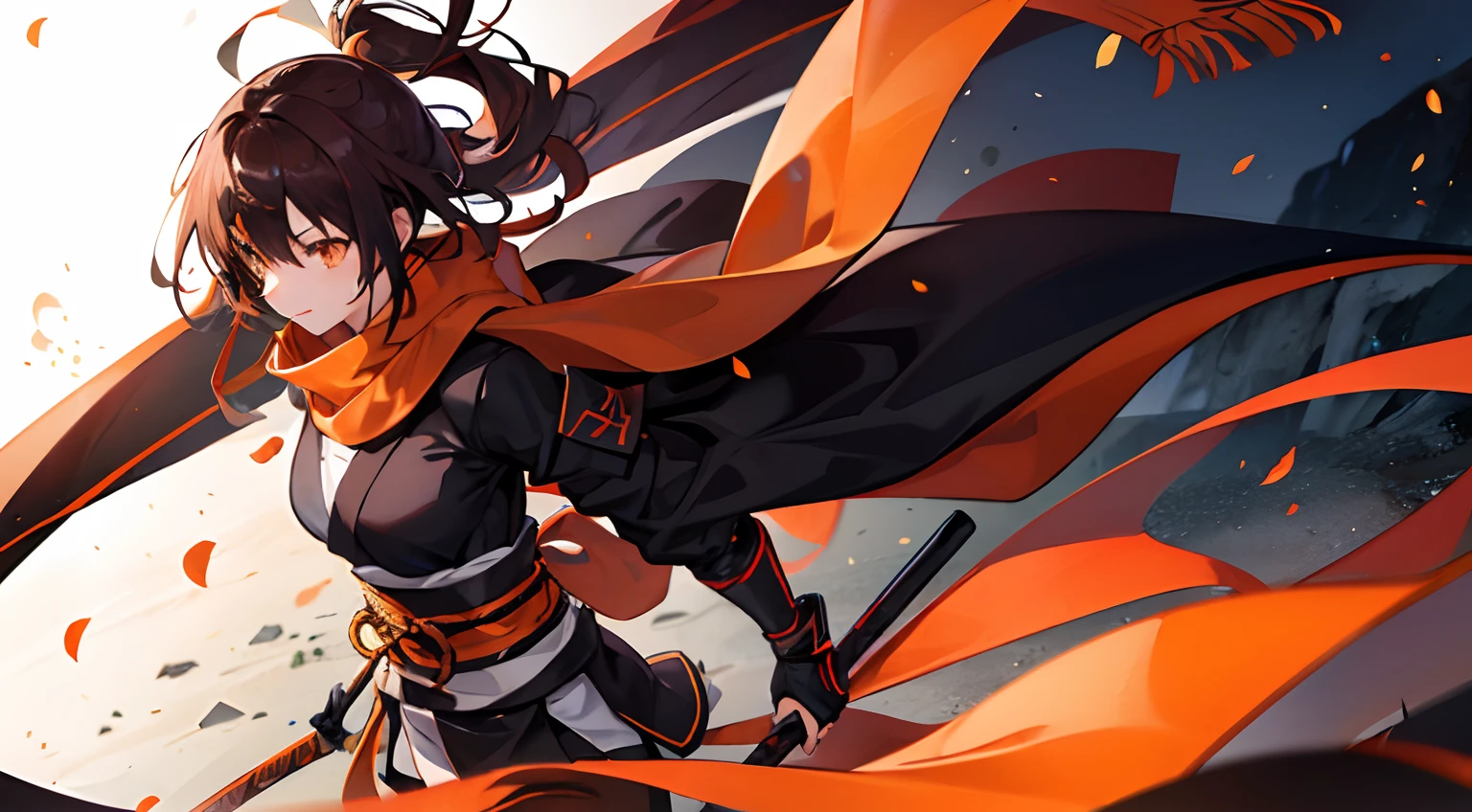 Big logo with the letter R、shinobi、One girl、Flowing in the wind、Orange Long Scarf、A dark-haired、Orange Eyes