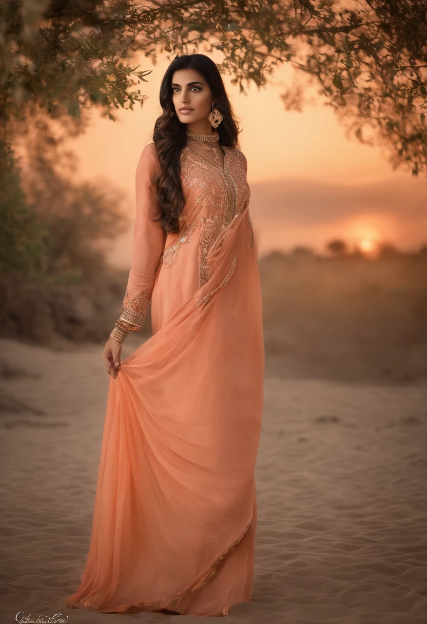Create a captivating image featuring a 21 year old Pakistani girl, her eyes filled with curiosity and wonder, as if she is peering into the depths of your soul. The dress she wears should be modest and cover all her body parts. Capture the essence of her gaze, drawing viewers into her world.Her dress should be of peach color.She shouldn't be wearing any jewelry.