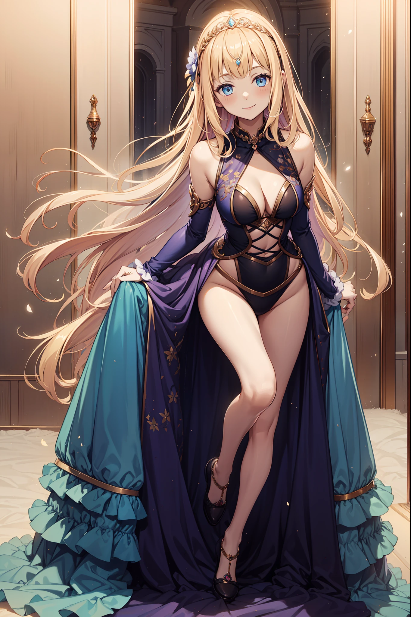 teens girl，Enchanted，having fun，Being in love，Princess dress，Dark black swimsuit，Light purple cloth，Transparent fabric，exquisite costumes，inside in room，Dark scene，natta，solo person，blond hairbl，pale blue color eyes