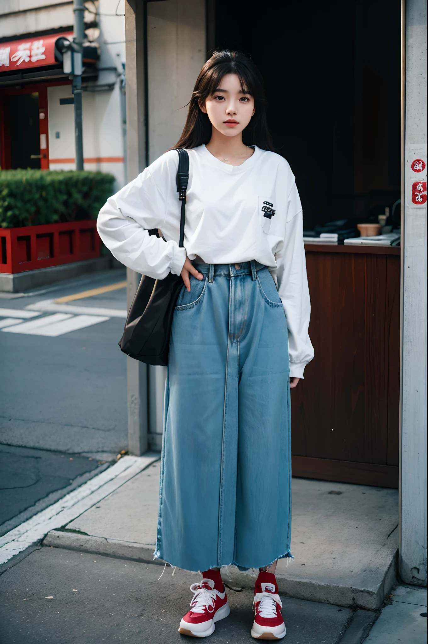 there is a woman that is standing on the sidewalk with her hand on her head, shot on canon eos r5, shot on canon eos r 5, she is wearing streetwear, lofi portrait, taken with canon eos 5 d mark iv, mid shot portrait, portrait of a japanese teen, portrait of female korean idol, anime style mixed with fujifilm
