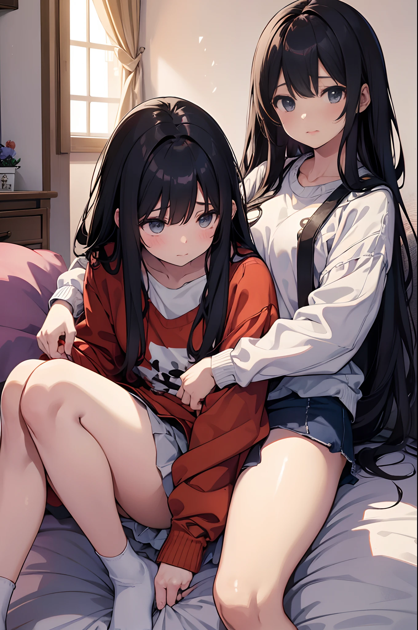 (dynamic angle:1.3), (masterpiece), best quality, ultra-detailed, illustration, kawaii, cute, (expressive eyes:1.2), (2girls:1.3), twins, (,petite, kids), raiden shogun, purple eyes, mole, mole under eye, purple hair, very long hair, hair ornament, cute pink t-shirt with japanese pattern clothes, bangs, bare shoulders, blush, closed mouth, feet, no shoes, long sleeves, wide sleeves, hugging, solo, shoeless, dynamic pose, ((casual clothes)) , parted lips, ((flat chest, lolite, petite)), academy room background, books, ((japanese kids vibes, fun bedroom))), (study),