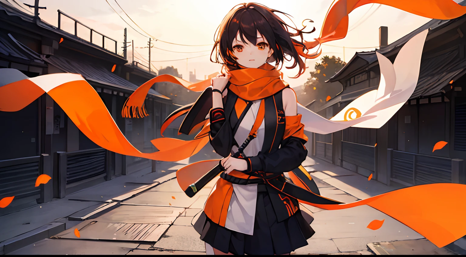 Big logo with the letter R、shinobi、One girl、Flowing in the wind、Orange Long Scarf、A dark-haired、Orange Eyes,PC Office