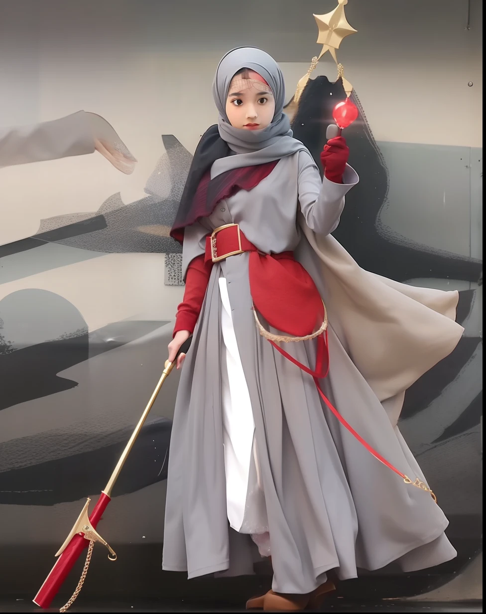 1girl, islamic hijab dress, gray hijab, golden belt, red gloves, red trident, golden iron accessories, gray dress, realistic, red Diamonds accessories, ultra detail, 70mm lens