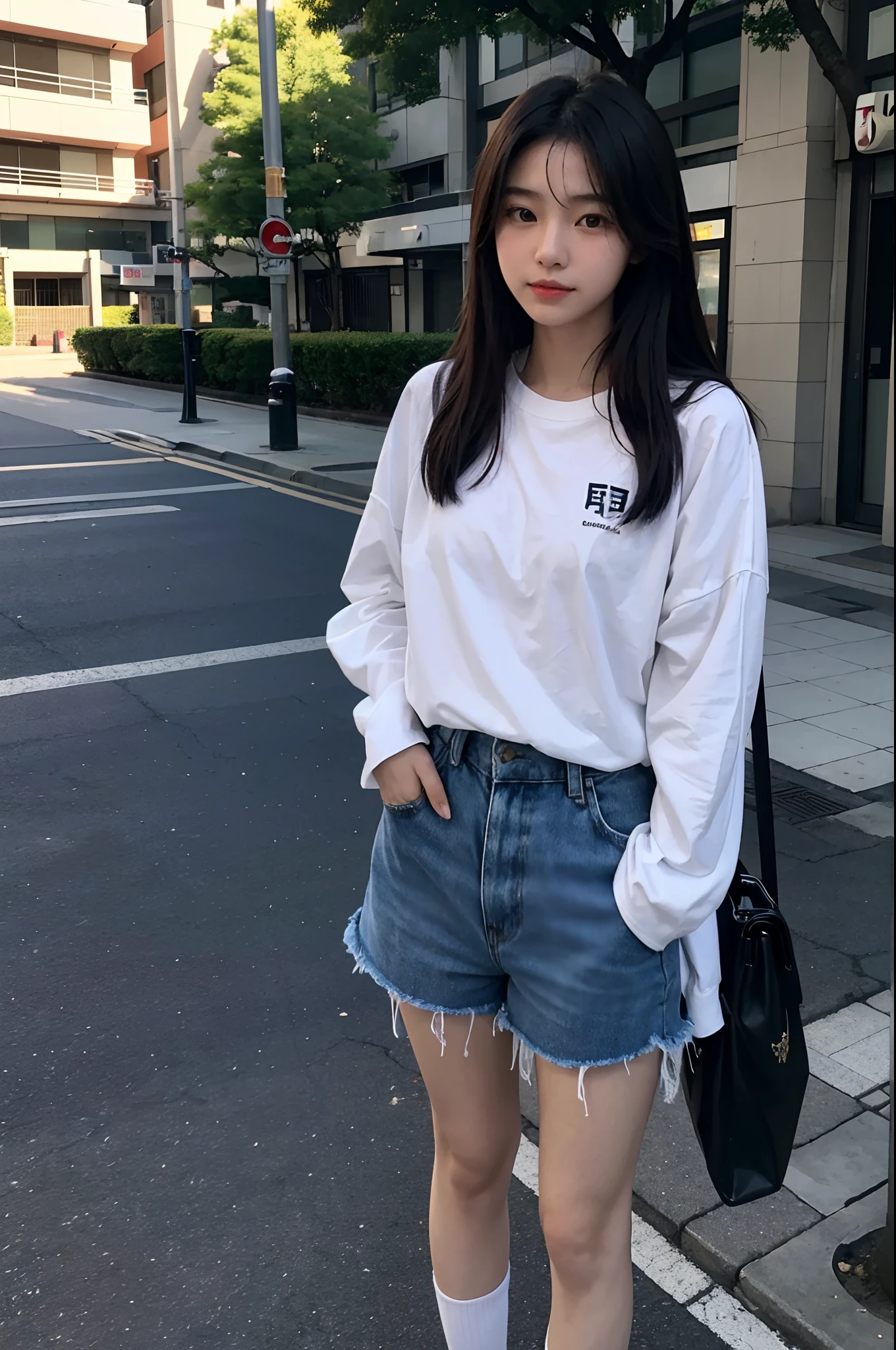 there is a woman standing on a sidewalk with a shirt on, portrait of a japanese , a young asian woman, portrait of a japanese girl, young asian girl, inspired by Kim Jeong-hui, photo of young woman, jaeyeon nam, chiho, young asian woman, portrait of christy ren, korean girl, of a youthful japanese girl, an asian woman
