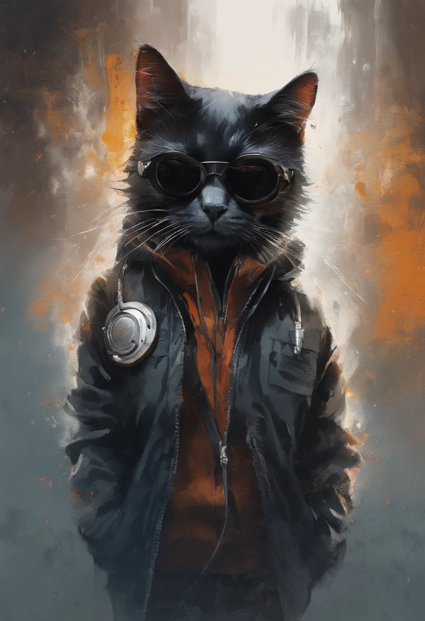 Perfect centering, black cat, Wear a student team jacket, Wearing sunglasses, Wearing headphones, cheerfulness, Standing position, Abstract beauty, Centered, Looking at the camera, Facing the camera, Approaching perfection, Dynamic, Highly detailed, Smooth, Sharp Focus, 8K, hight resolution, Illustration, art by carne griffiths and wadim kashin, White background