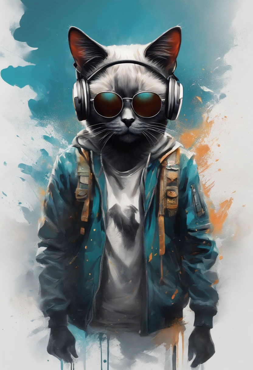 A painting of a cat wearing headphones and a jacket - SeaArt AI