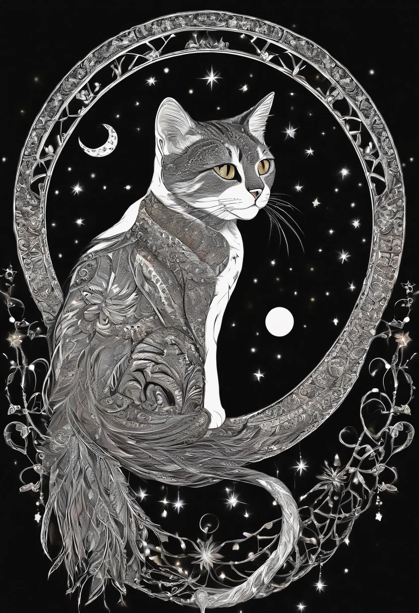 In the circle of dream catchers"T-shirt design with cat silhouette in circle, Crescent, and stars in the