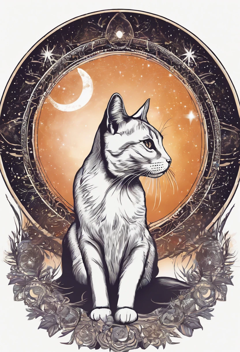 In the circle of dream catchers"T-shirt design with cat silhouette in circle, Crescent, and stars in the