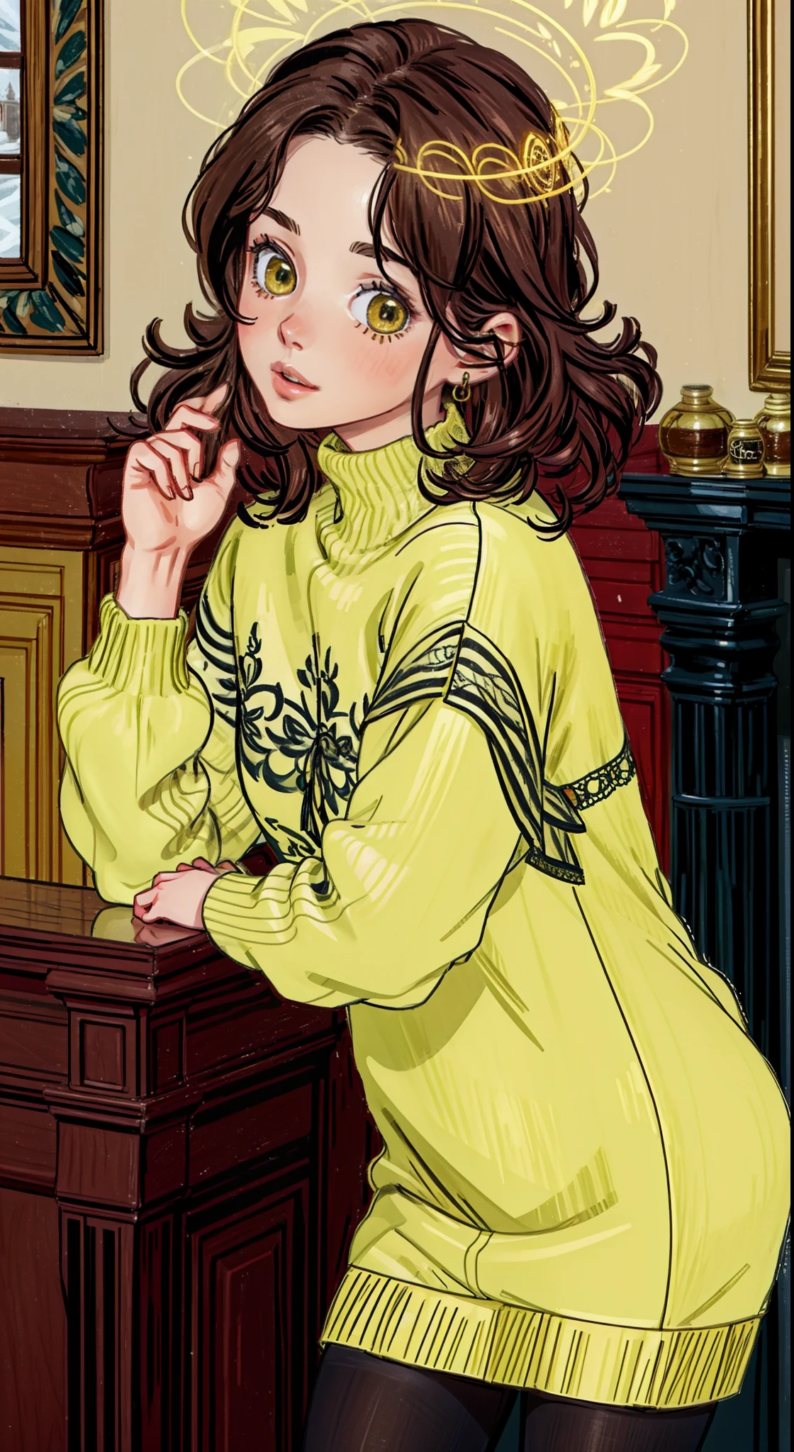 ((Masterpiece, Highest quality)), Detailed face，full bodyesbian, Full of details, Highly detailed, Depth, beuaty girl，Sweaters，Lace，lacepantyhose, High Balance, Overhead halo，Natural light，amarelo