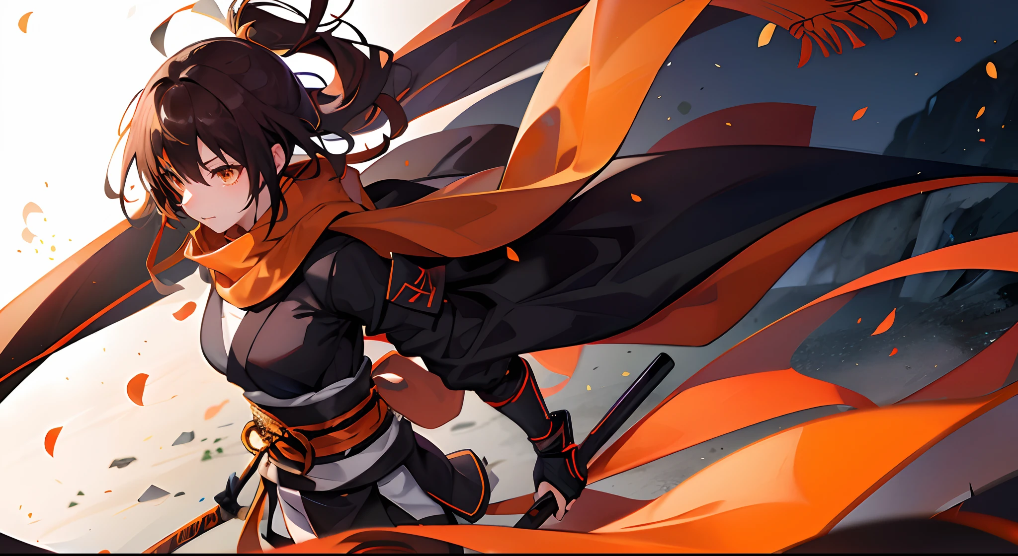 Big logo with the letter R、shinobi、One girl、Flowing in the wind、Orange Long Scarf、A dark-haired、Orange Eyes