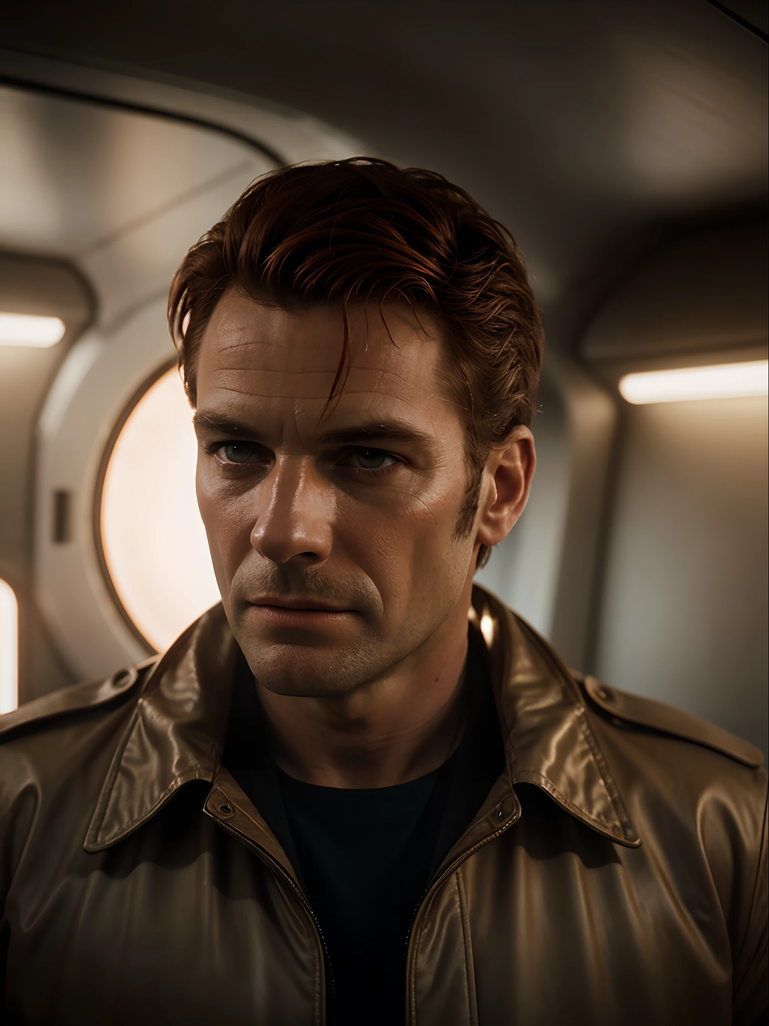 tanned chiselled Laurence Olivier with sleek neatly gelled back copper hair as a detective wearing trenchcoat in spaceship, perfect composition, trending on artstation photorealistic, cinematic lighting, volumetric lighting, lots of fine detail, movie style, photography, natural textures, natural light, natural blur, photorealism, cinematic rendering, ray tracing, highest quality, highest detail, Cinematic, Blur Effect, Long Exposure, 8K, Ultra-HD, Natural Lighting, Moody Lighting, Cinematic Lighting, hyper-realistic, vibrant, 8k, detailed, (( photorealistic, 1970s film, 35mm, film grains ))