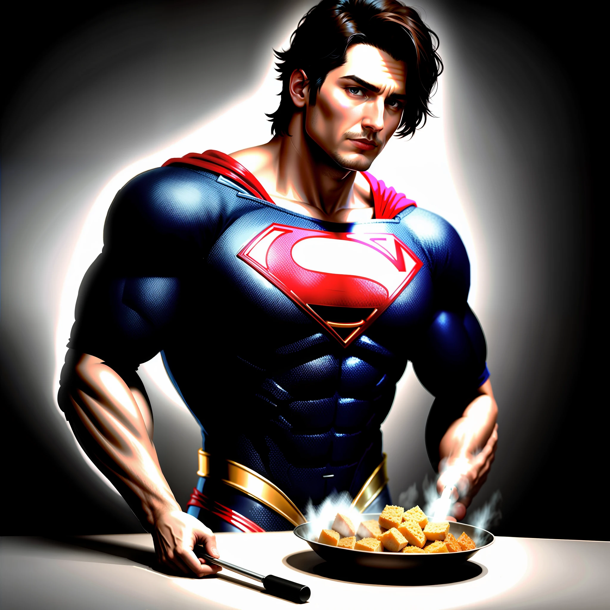 Superman preparing a roast chicken. Detailed matte painting, hyperdetailed charcoal drawing