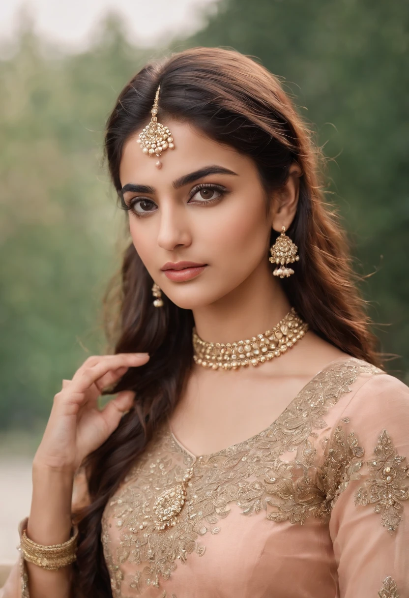 Create a captivating image featuring a 21 year old Pakistani girl, her eyes filled with curiosity and wonder, as if she is peering into the depths of your soul. The dress she wears should be modest and cover all her body parts. Capture the essence of her gaze, drawing viewers into her world.Her dress should be of peach color.She shouldn't be wearing any jewelry.