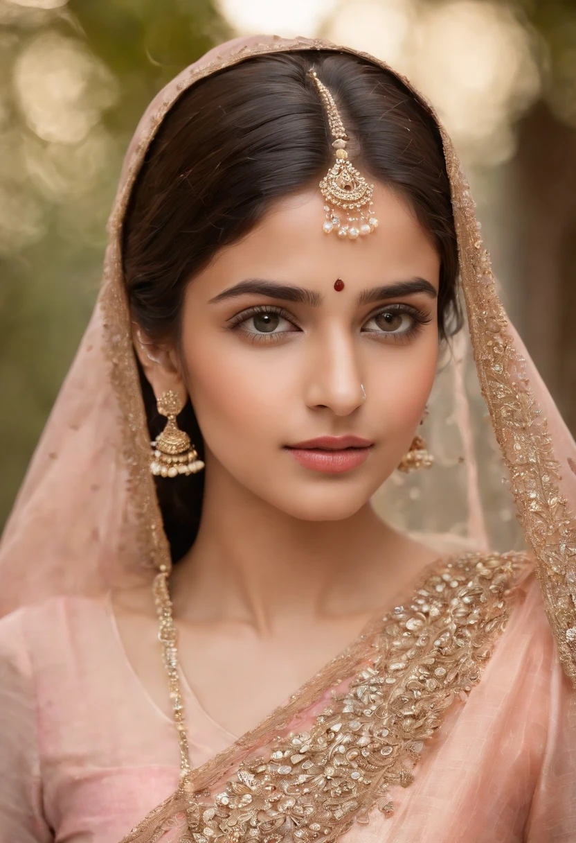Create a captivating image featuring a 21 year old Pakistani girl, her eyes filled with curiosity and wonder, as if she is peering into the depths of your soul. The dress she wears should be modest and cover all her body parts. Capture the essence of her gaze, drawing viewers into her world.Her dress should be of peach color.She shouldn't be wearing any jewelry.