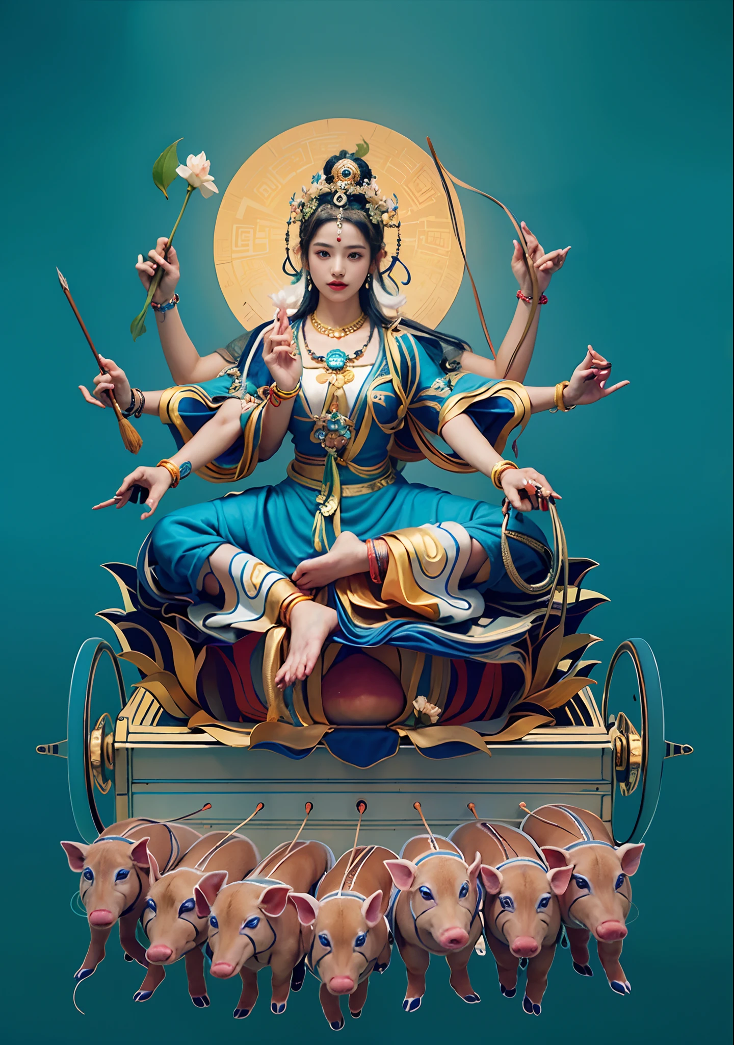 Beautiful woman sitting on a lotus in the car, Blue clothes,Three-headed,In total, The arm has eight mudras,Barefoot on both feet,There are seven piglets pulling carts in front,goddess of love and peace, indian goddess of wealth, Heavenly Bodhisattva, full-colour illustration, goddess art, goddess of wisdom, an ancient Chinese goddess,photorealestic,professional photoshooting,Realiy,超高分辨率,tmasterpiece,