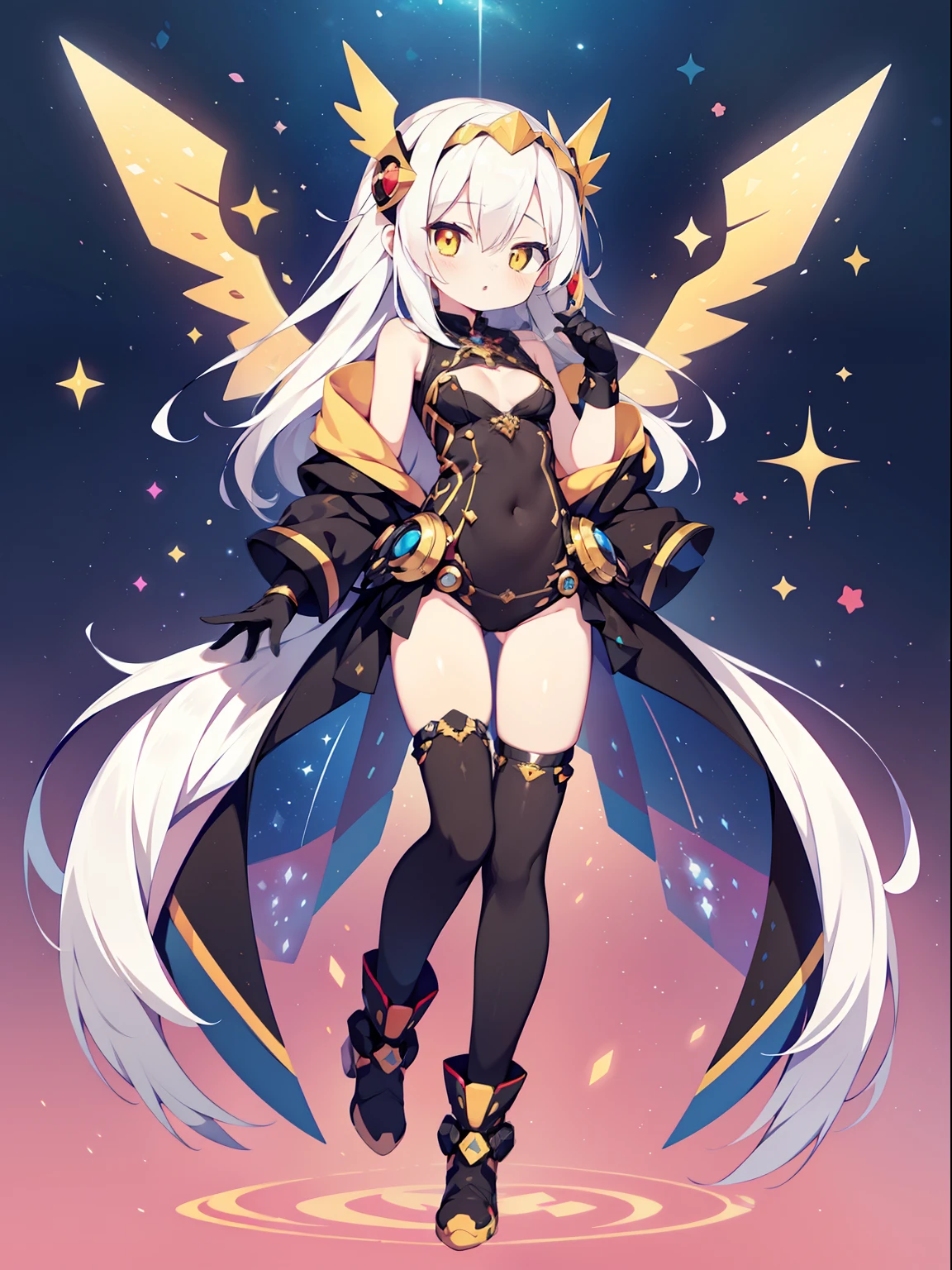 Colorful , masutepiece, Best Quality, 1girl in, , white hair, very long hair, straight hair, yellow eyes, shiny eyes, Black inner suit that sticks to the body, Full body standing picture, petite, looking at left, mechanical hands, Full body tights, ratex, mechanical wings, machanical boots, mechanical headdress, stylish pose, parted lips, expressionless, cyber,electronic, light particles, cleavage cut out, floating, hyper galaxy, galaxy background, prosthetic left eye,