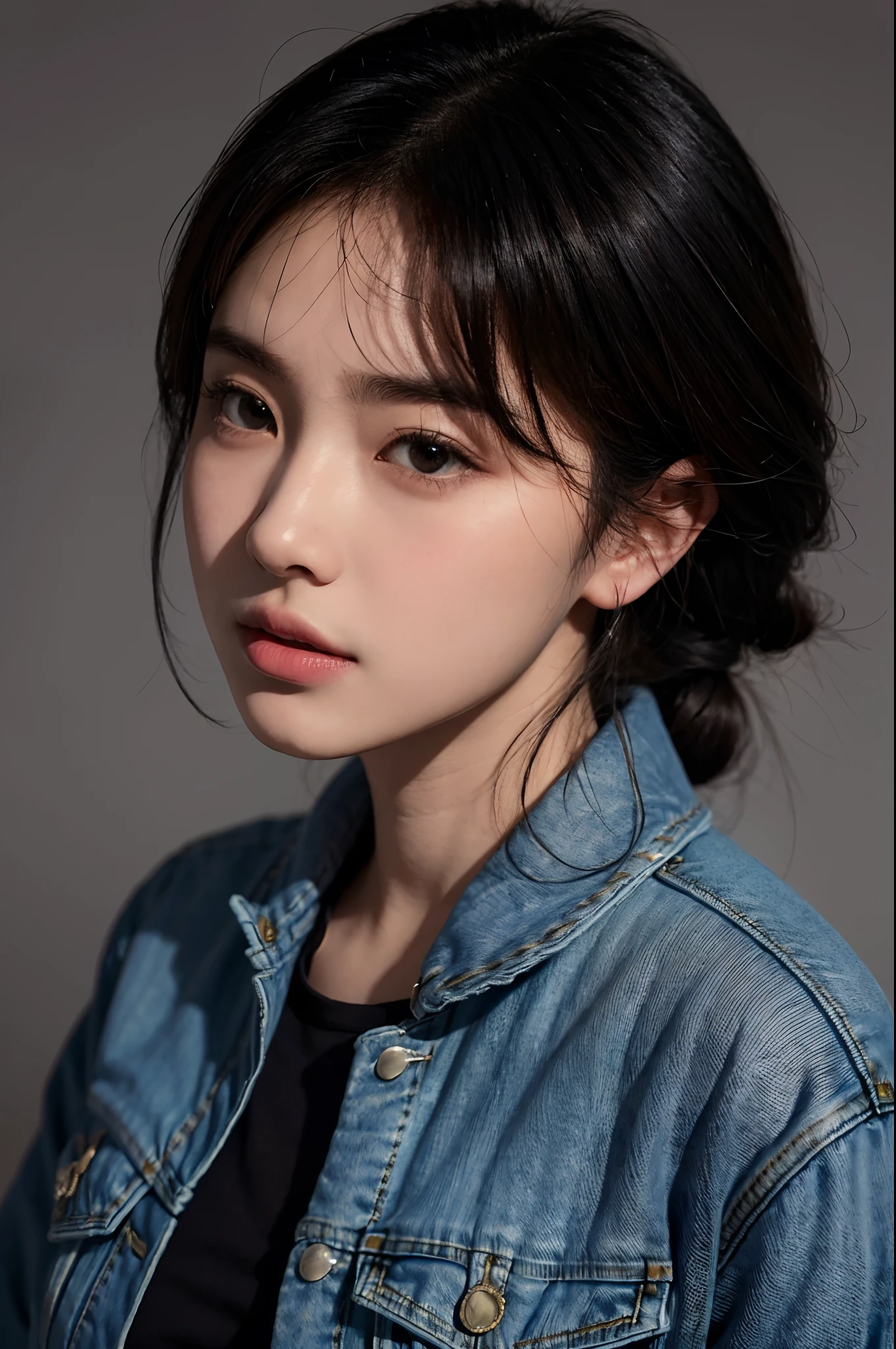 arafed woman in a denim jacket and black top posing for a picture, headshot profile picture, with round face, high quality portrait, 🤤 girl portrait, profile image, portait photo profile picture, young cute wan asian face, inspired by Kim Jeong-hui, inspired by Yanjun Cheng, xision wu, south east asian with round face, realistic. cheng yi