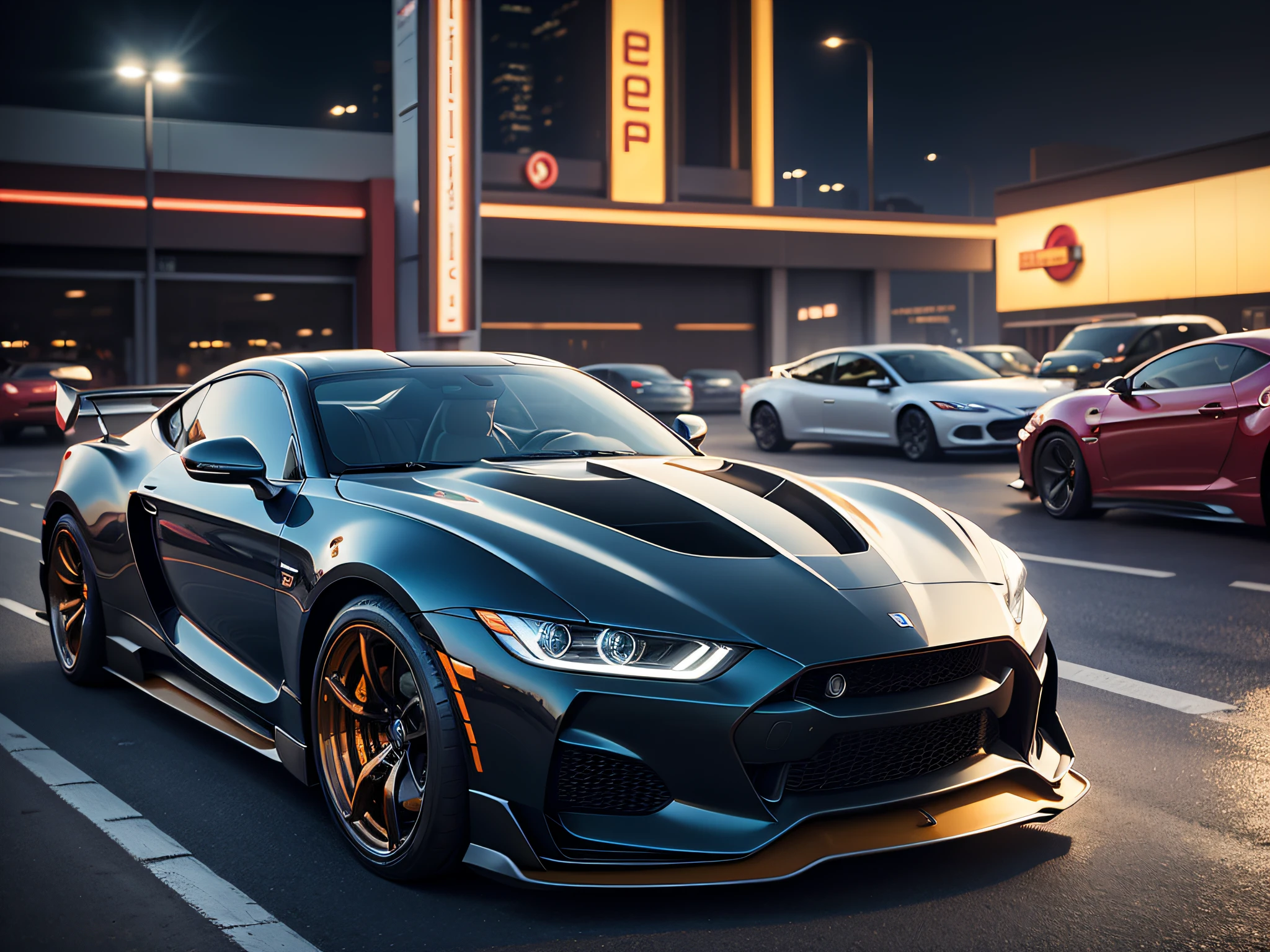Movie car blockbuster,Car,Car advertising,Late night background,Halo,Front view,Car headlights,Brand sense,High-class light luxury,frontage,automotive photography,directly in front