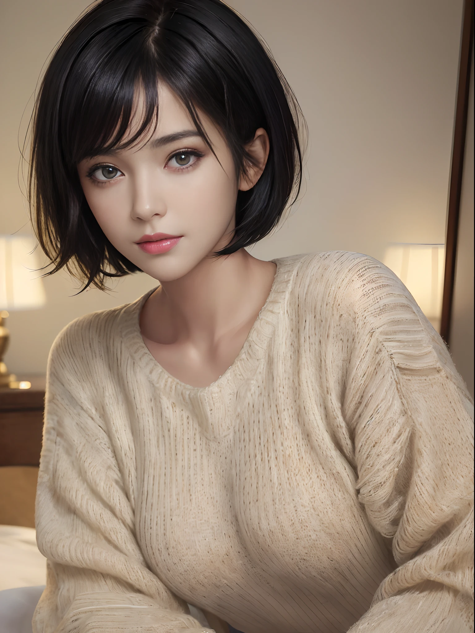 (masterpiece:1.3), (8k, photorealistic, RAW photo, best quality: 1.4), (1girl), beautiful face, (realistic face), (black hair, short hair:1.3), beautiful hairstyle, realistic eyes, beautiful detailed eyes, (realistic skin), beautiful skin, (sweater), absurdres, attractive, ultra high res, ultra realistic, highly detailed, golden ratio