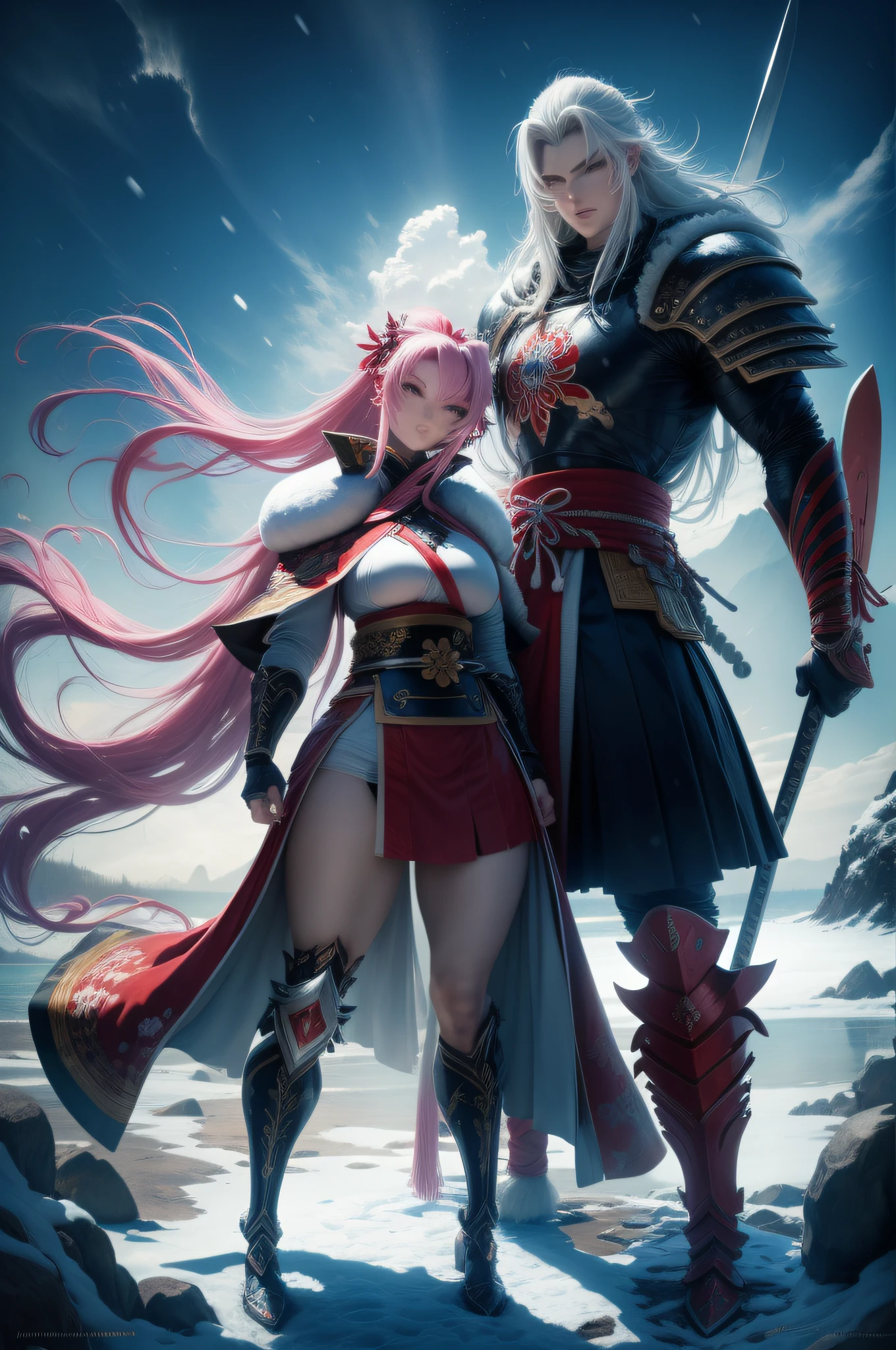 Epic fight between two beautiful samurai of fire and ice, luta com espadas, cabelos longos, flowing hair, Snow Country, nevasca