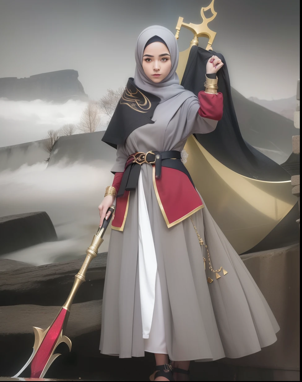 1girl, islamic hijab dress, gray hijab, golden belt, red gloves, red trident, golden iron accessories, gray dress, realistic, red Diamonds accessories, ultra detail, 70mm lens
