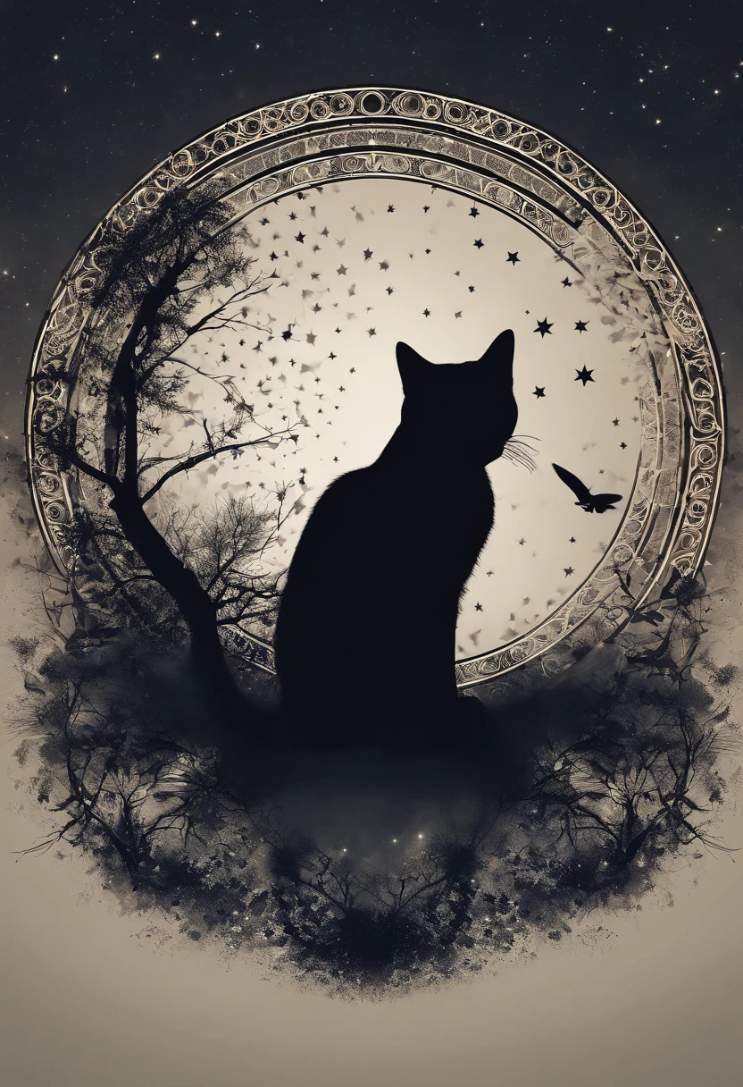 In the circle of dream catchers"T-shirt design with cat silhouette in circle, Crescent, and stars in the