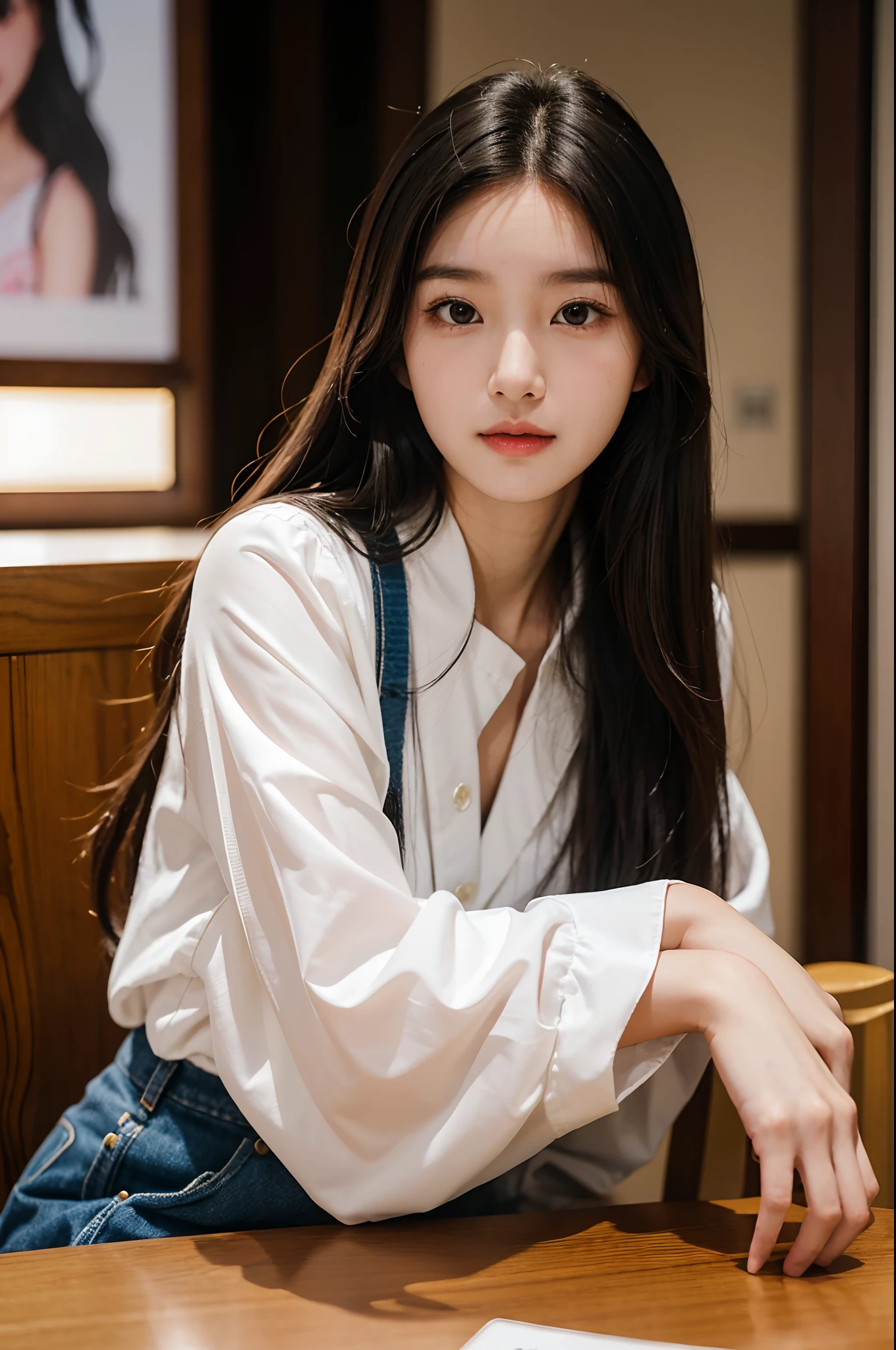 there is a woman with long hair sitting at a table, wan adorable korean face, shot on nikon z9, young adorable korean face, portrait of female korean idol, she has a cute expressive face, young cute wan asian face, captured on canon eos r 6, she has a cute face, shot on canon eos r 5, shot on canon eos r5