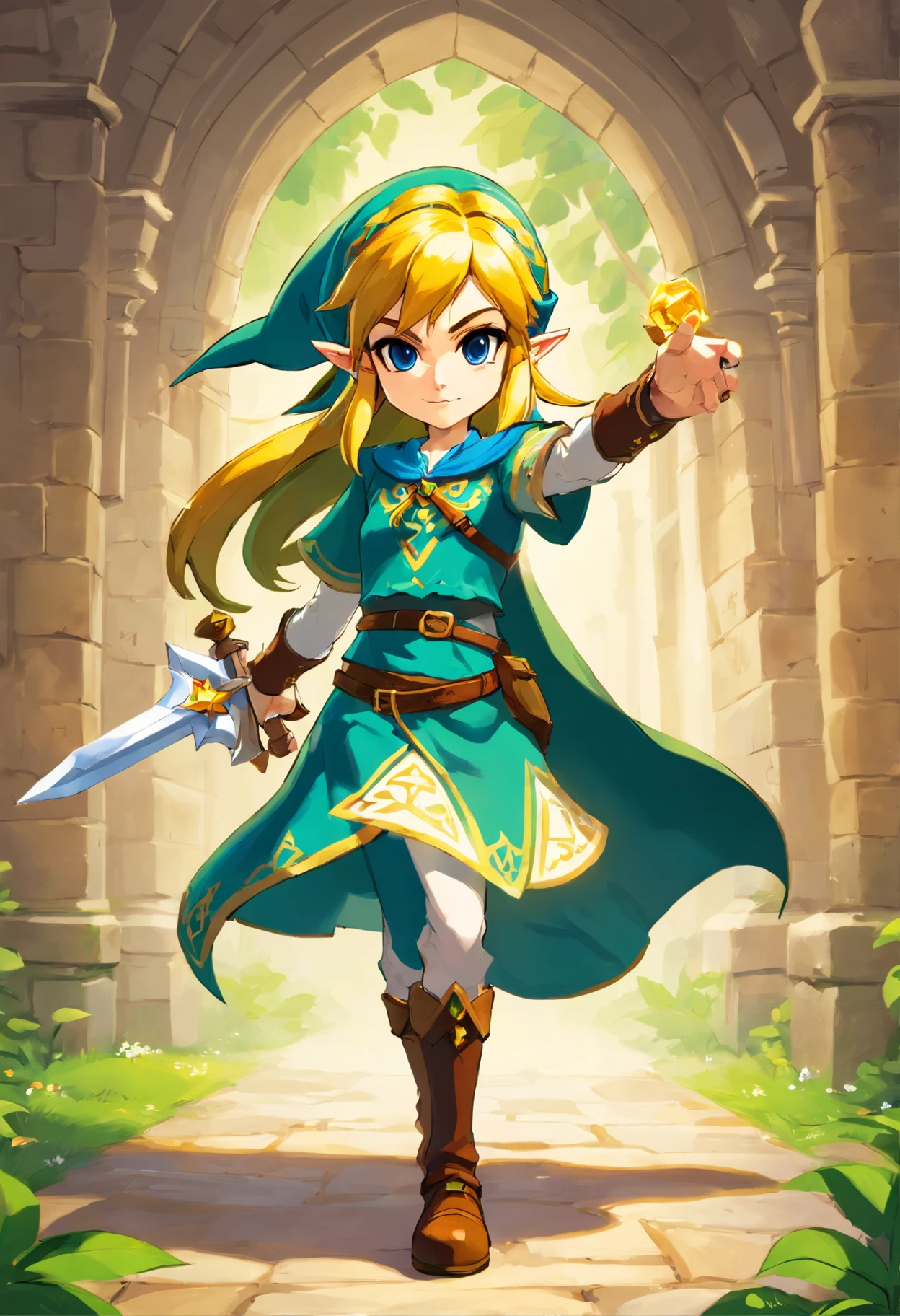 Full body, Zelda Game Person, Zelda comics, man, Zelda Character FF, In the style of Ian Macke, Temy Chan, Stylish costume design, Scary depictions of dungeons, jean baptiste monge, Science Academia