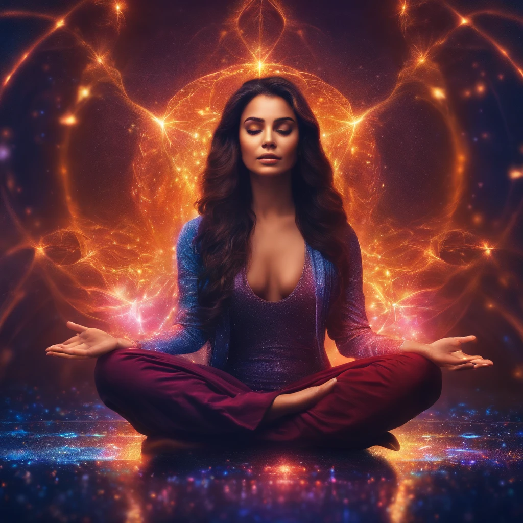 a pregirl,Meditate cross-legged, at centre,Very bright colors, Light particles, with light glowing, Mshiv, wallpaper art, UHD wallpaper