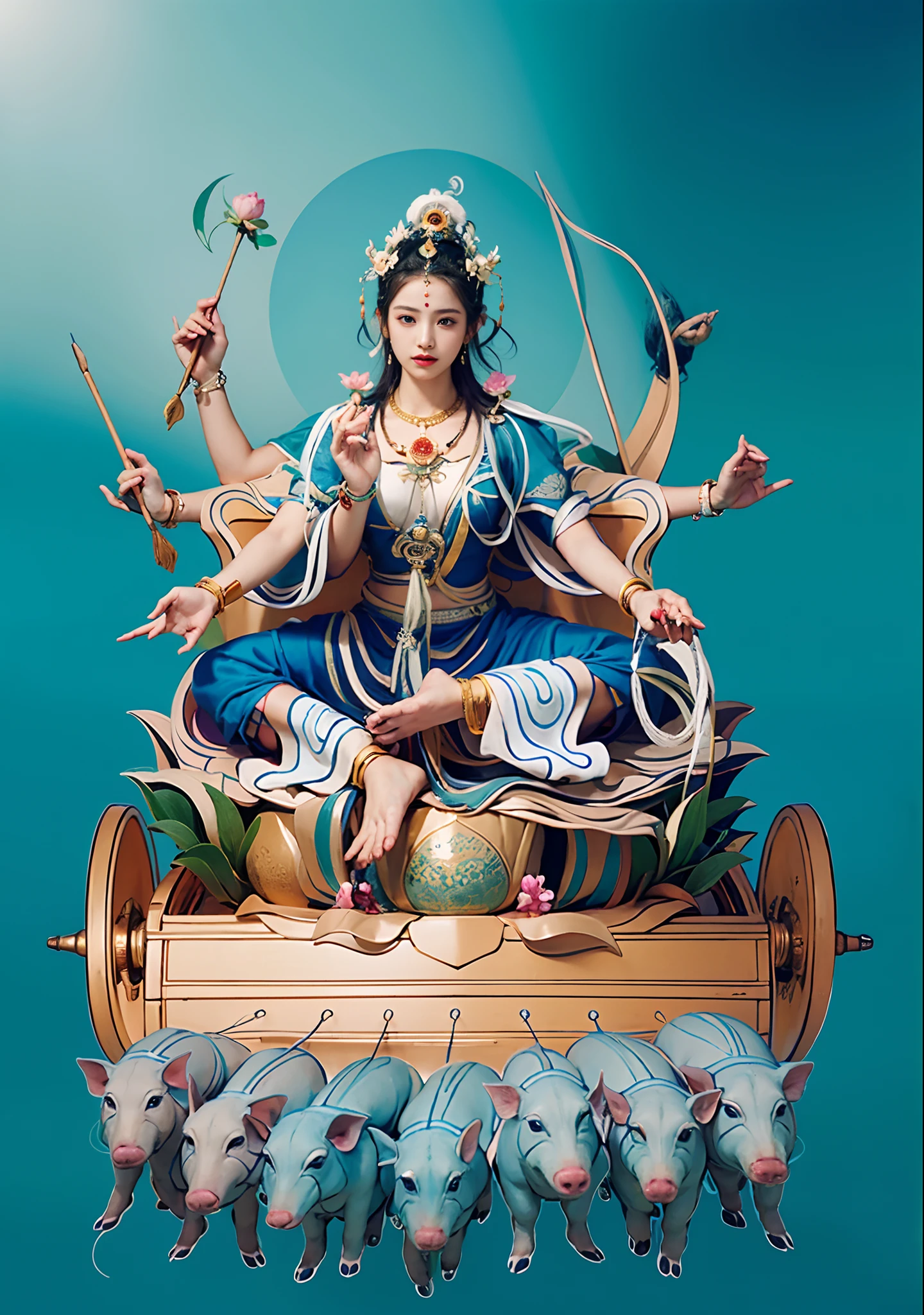 Beautiful woman sitting on a lotus in the car, Blue clothes,Three-headed,In total, The arm has eight mudras,Barefoot on both feet,There are seven piglets pulling carts in front,goddess of love and peace, indian goddess of wealth, Heavenly Bodhisattva, full-colour illustration, goddess art, goddess of wisdom, an ancient Chinese goddess,photorealestic,professional photoshooting,Realiy,超高分辨率,tmasterpiece,