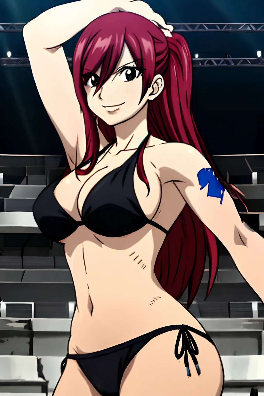 Scarlet erza, (tiny black bikini only), location: wresting colosseum with crowd watching, adult woman, big breasts, lying down, cowboy shot, best quality, ((right shoulder)), slightly strong arms, looking at viewer, important: shoulder tattoo only), big smile, perfect body, no injuries, knocked down, clean body, from left side, win pose, ((opens her arms wide, showing armpits))