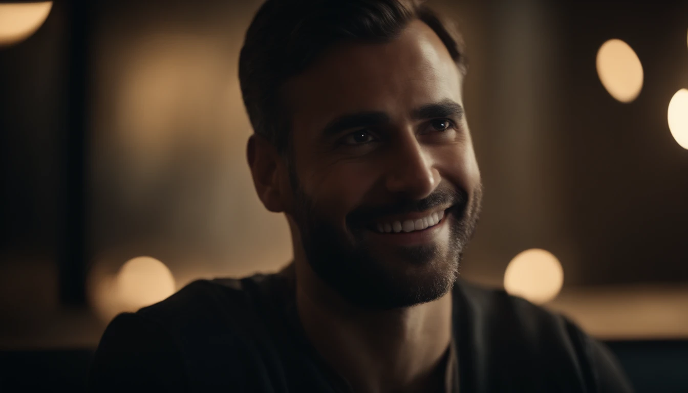 The smiling face of a man looking at the screen with his head turned over his shoulder