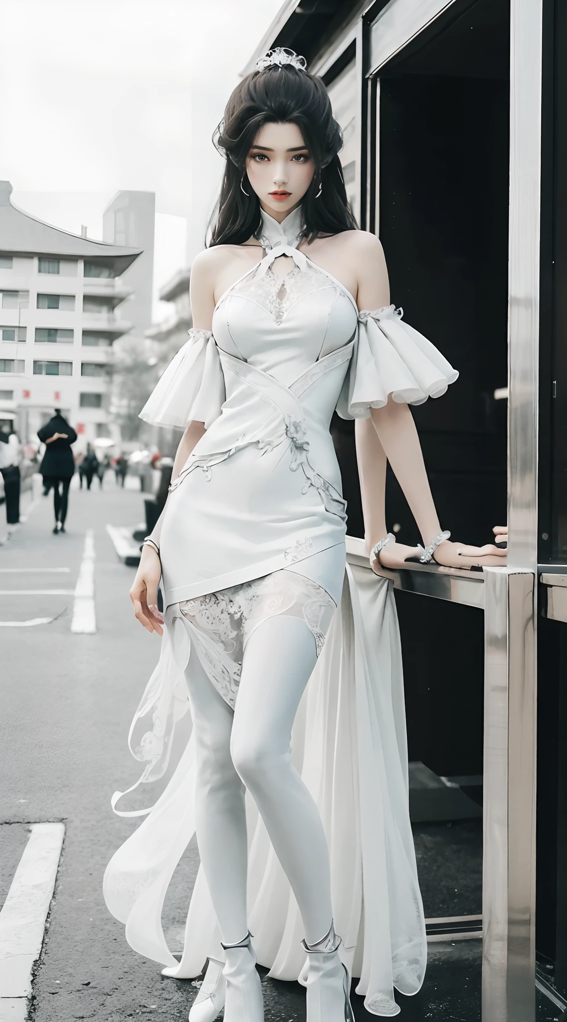 araffe woman in white dress leaning on a table in front of a building, smooth white tight clothes suit, in white clothes, white silky outfit, dressed in a beautiful white, full body xianxia, a beautiful woman in white, full length and white stockings, sakimichan, wearing white dress, very beautiful long slim legs, photo of slim girl model