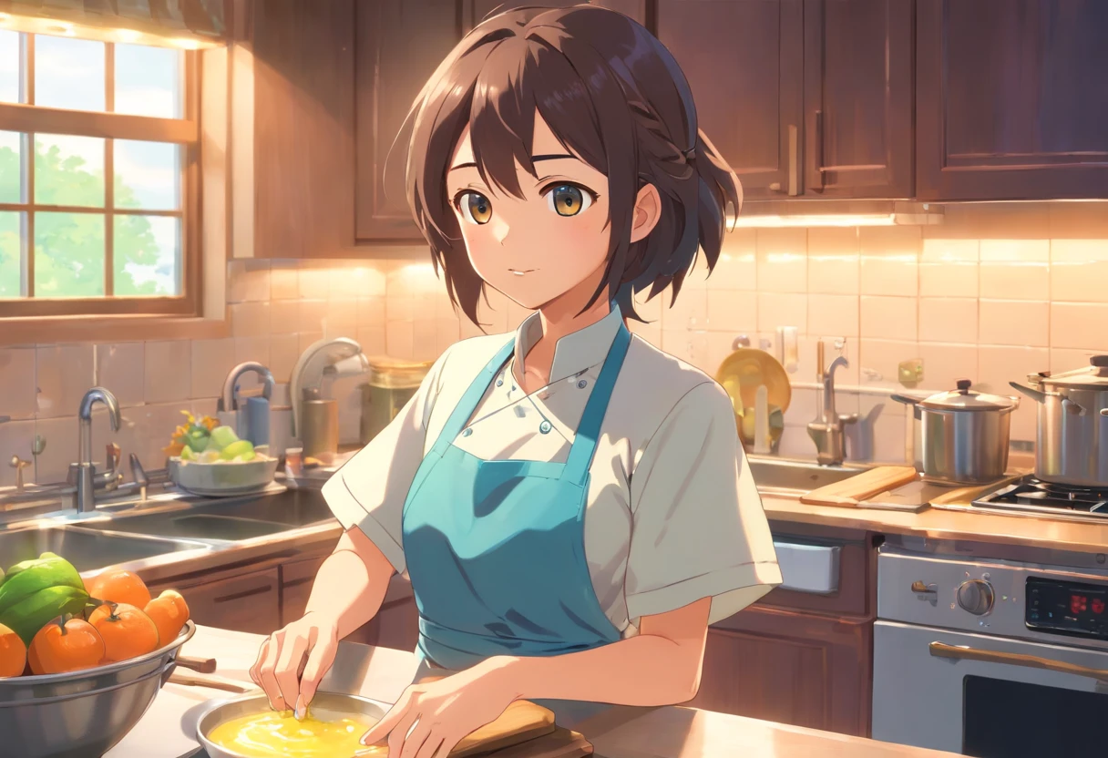 (Best quality,A high resolution,Masterpiece:1.2),(cinematic Film still from),(1girll),(A bust up close),(Wear aprons and plain clothes),(Washing dishes),There is foam on the hands,(Soft warm lighting),(Inside the kitchen:1.0),(tap),