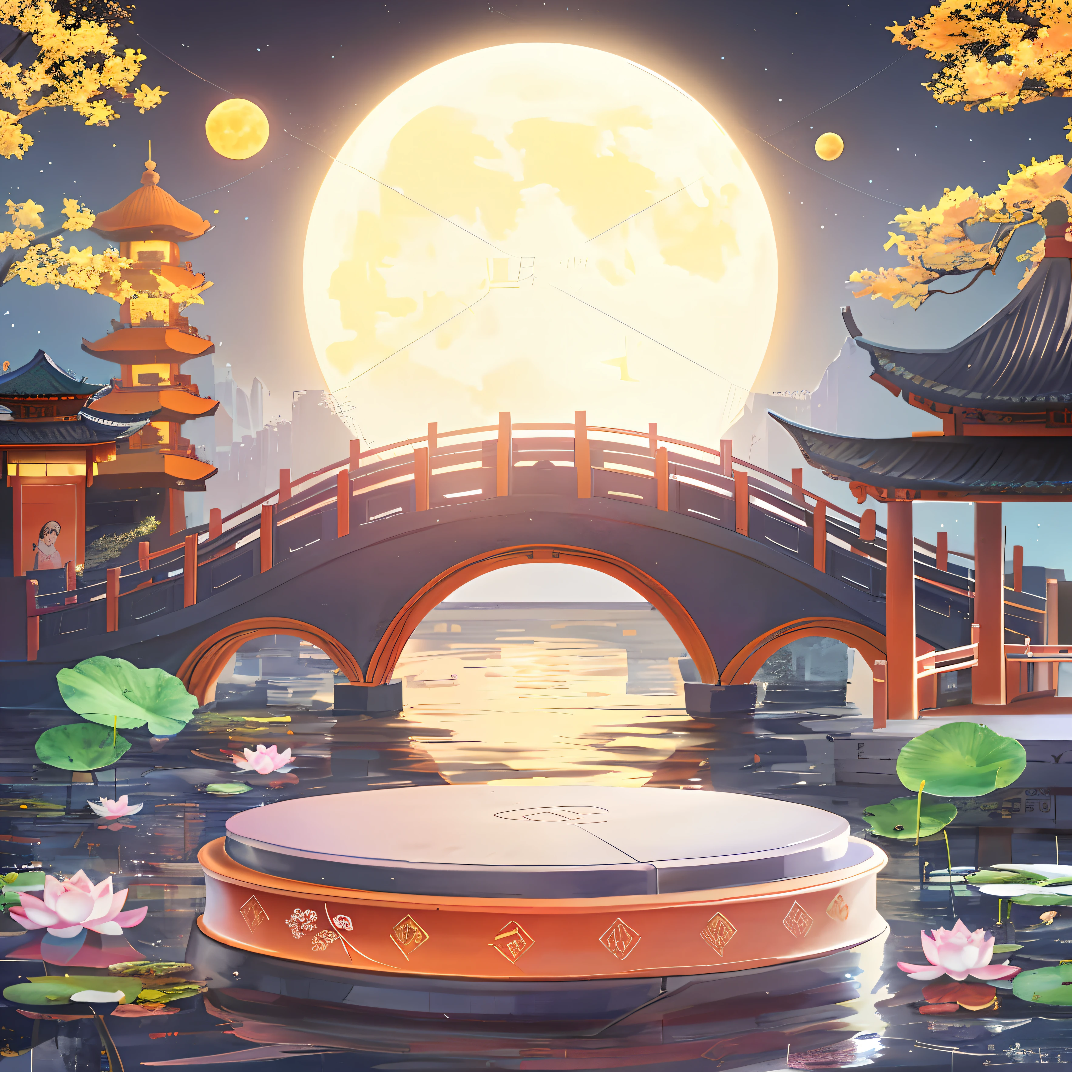 China-style,disk,fall season,Full moon at a glance,Sparkling river,small bridges,Lotus lotus leaves