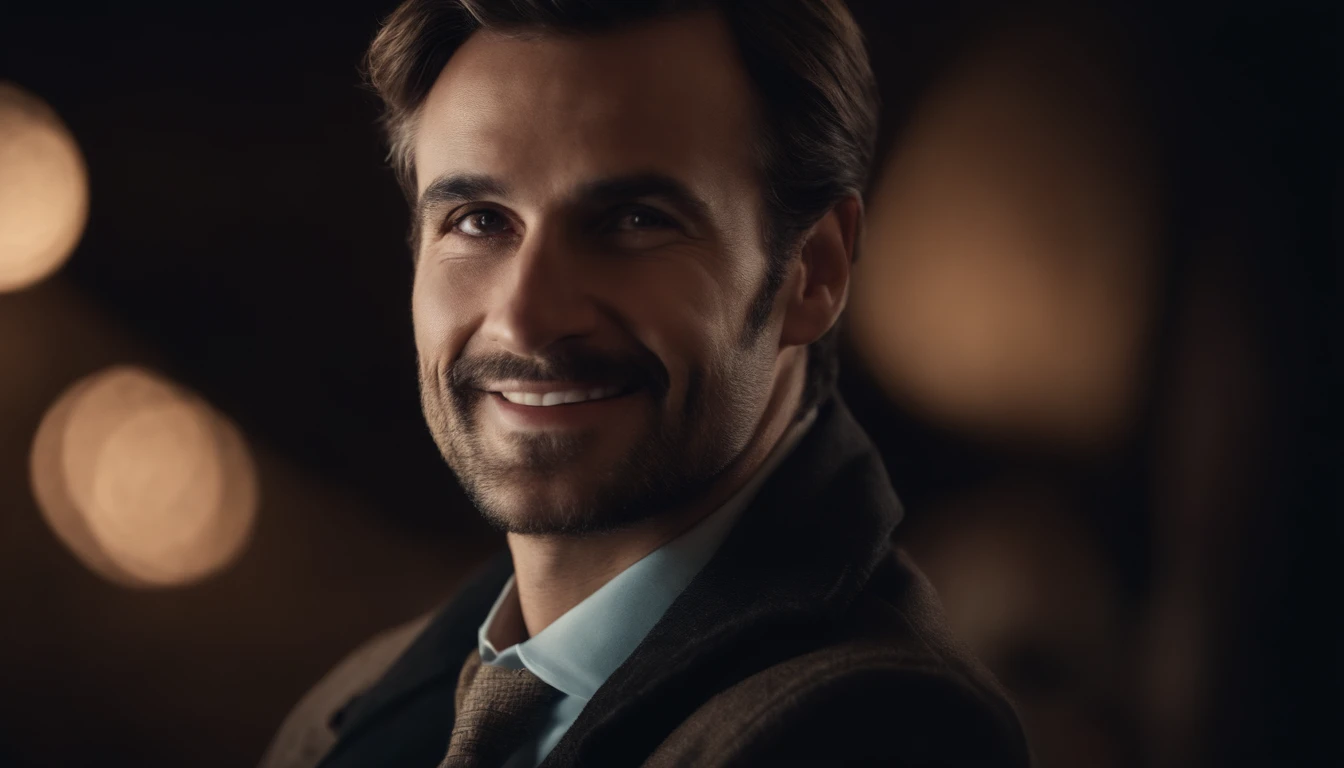 The smiling face of a man looking straight ahead with his head turned over his shoulder
