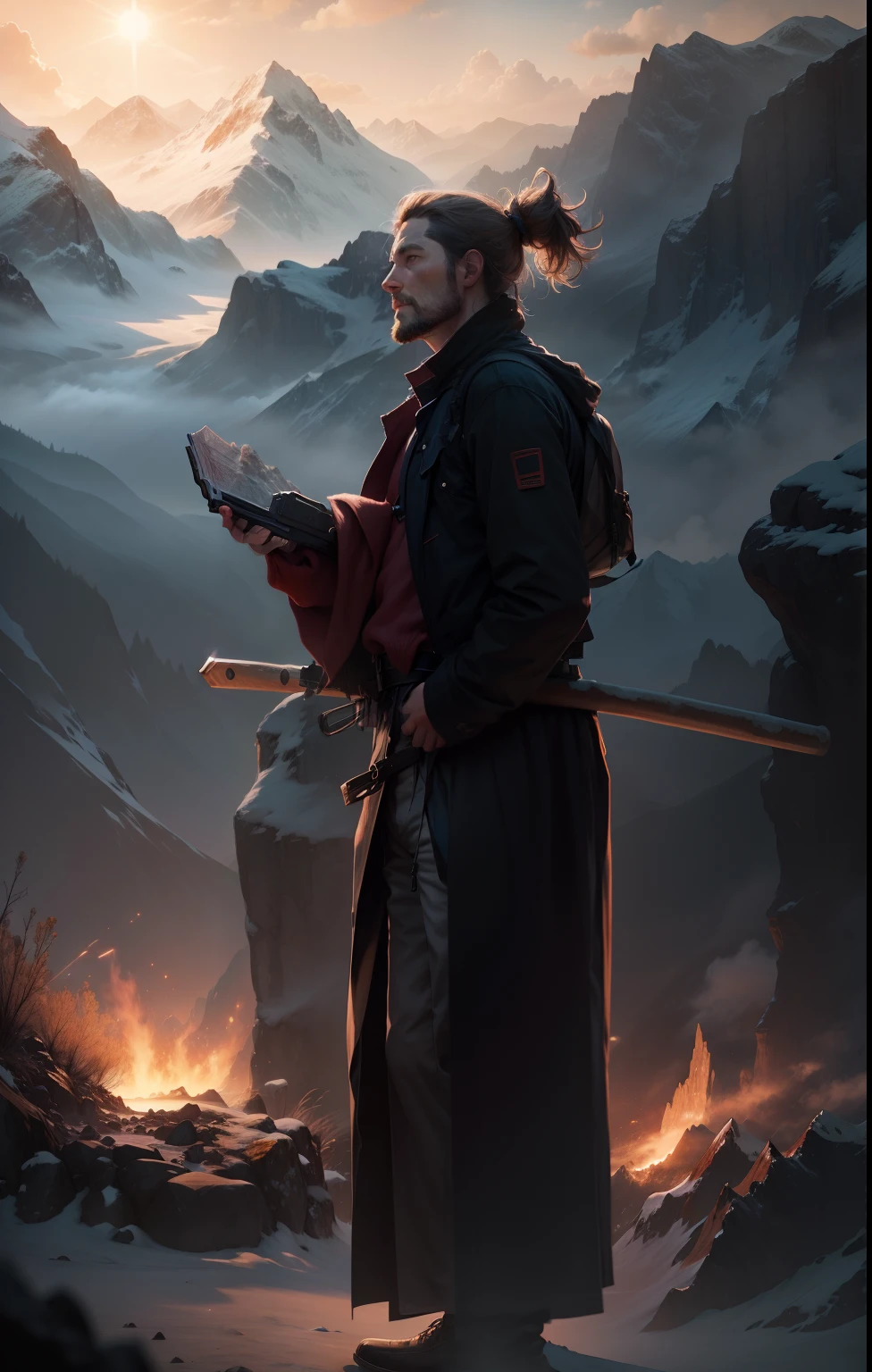 Man standing in the mountains, hyper realistic, 8k