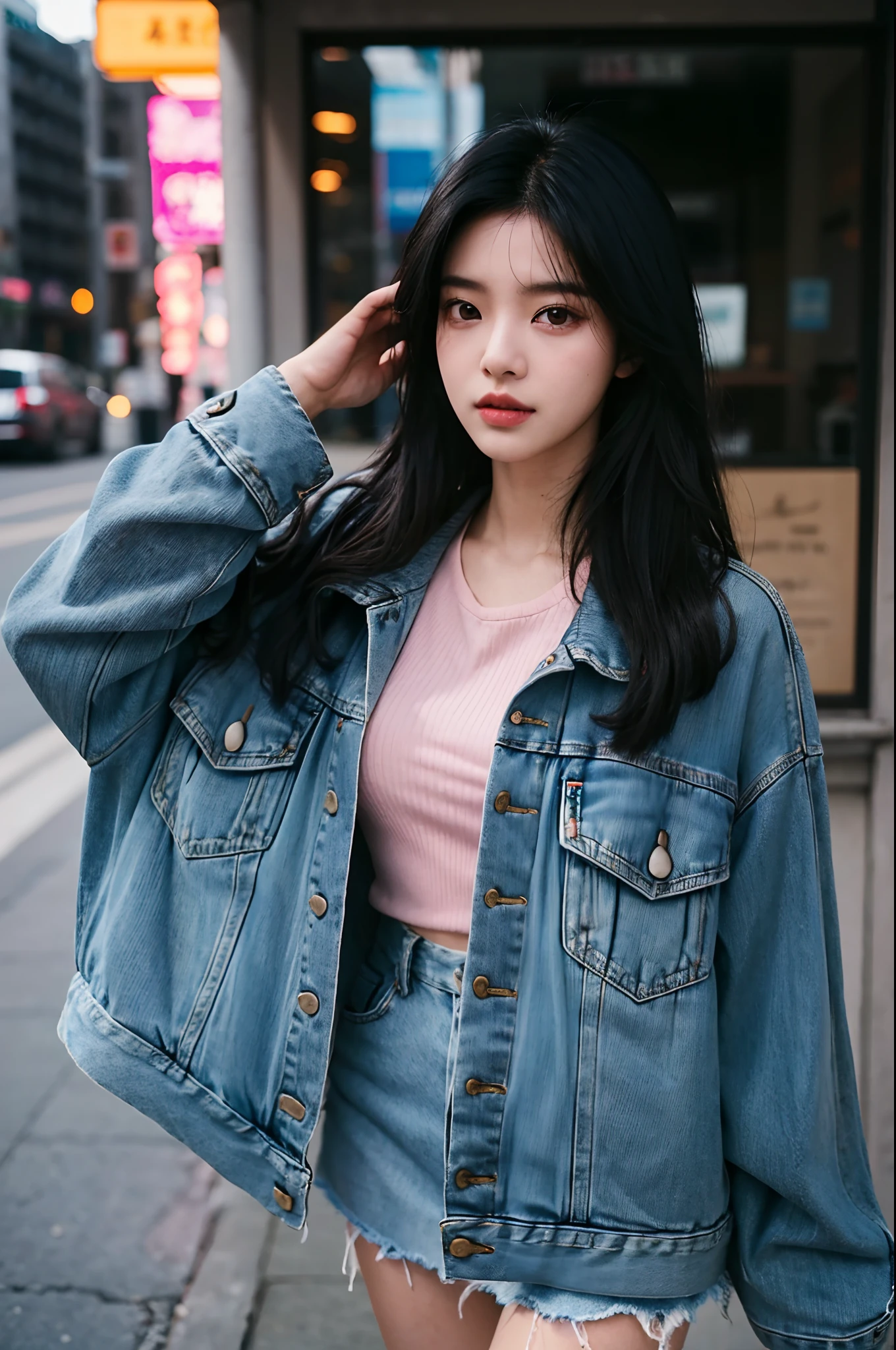 araffe woman with long black hair wearing a denim jacket, portrait of female korean idol, portrait of jossi of blackpink, shot on canon eos r5, shot on canon eos r 5, wan adorable korean face, shot on nikon z9, jinyoung shin, captured on canon eos r 6, taken with canon eos 5 d mark iv